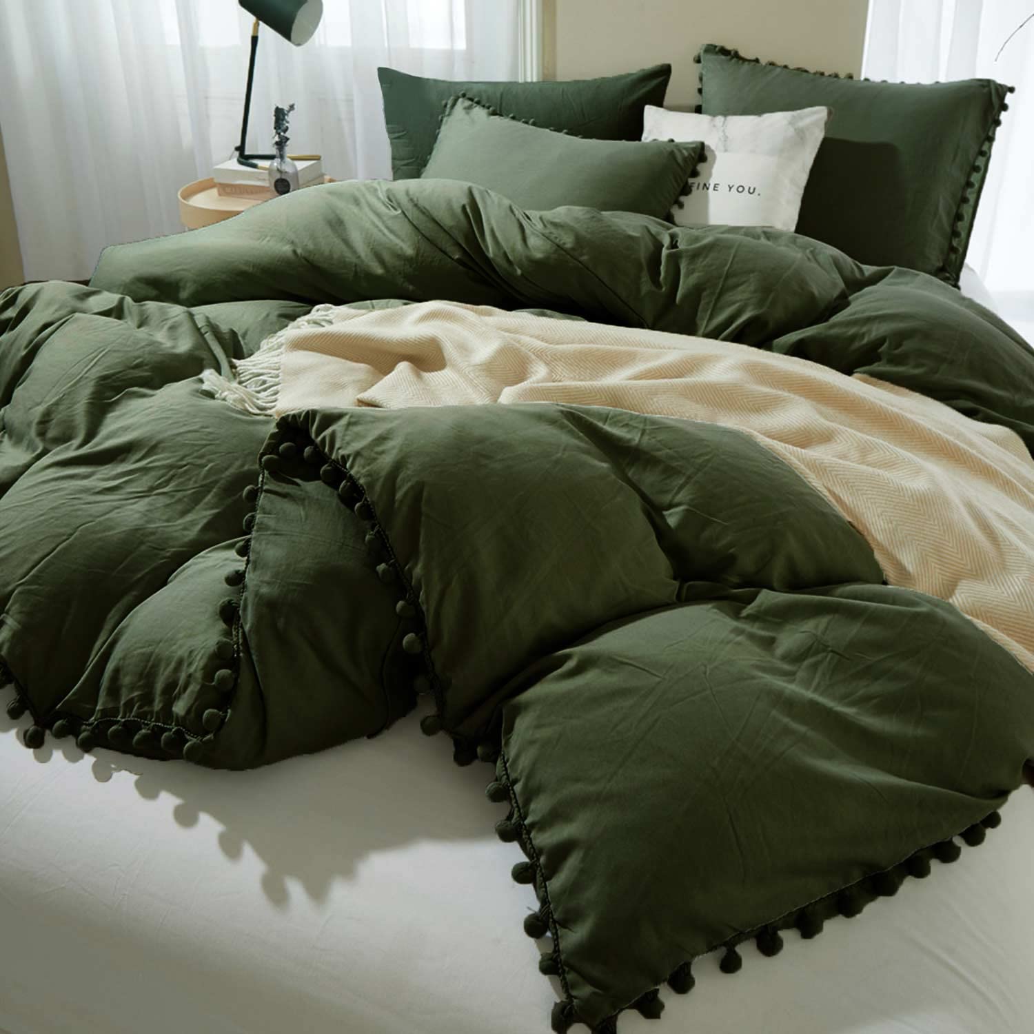 Etdiffe Dark Olive Green Duvet Cover Queen Size, 3 Piece Boho Bohemian Farmhouse Pom Microfiber Bedding Comforter Cover Set, Sof