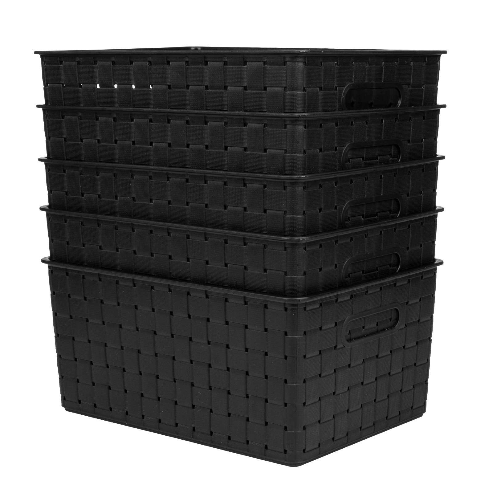 Bekith 5 Pack Woven Plastic Storage Basket, Woven Basket Bin, 10'' L X 7'' W X 4.4'' H, Black