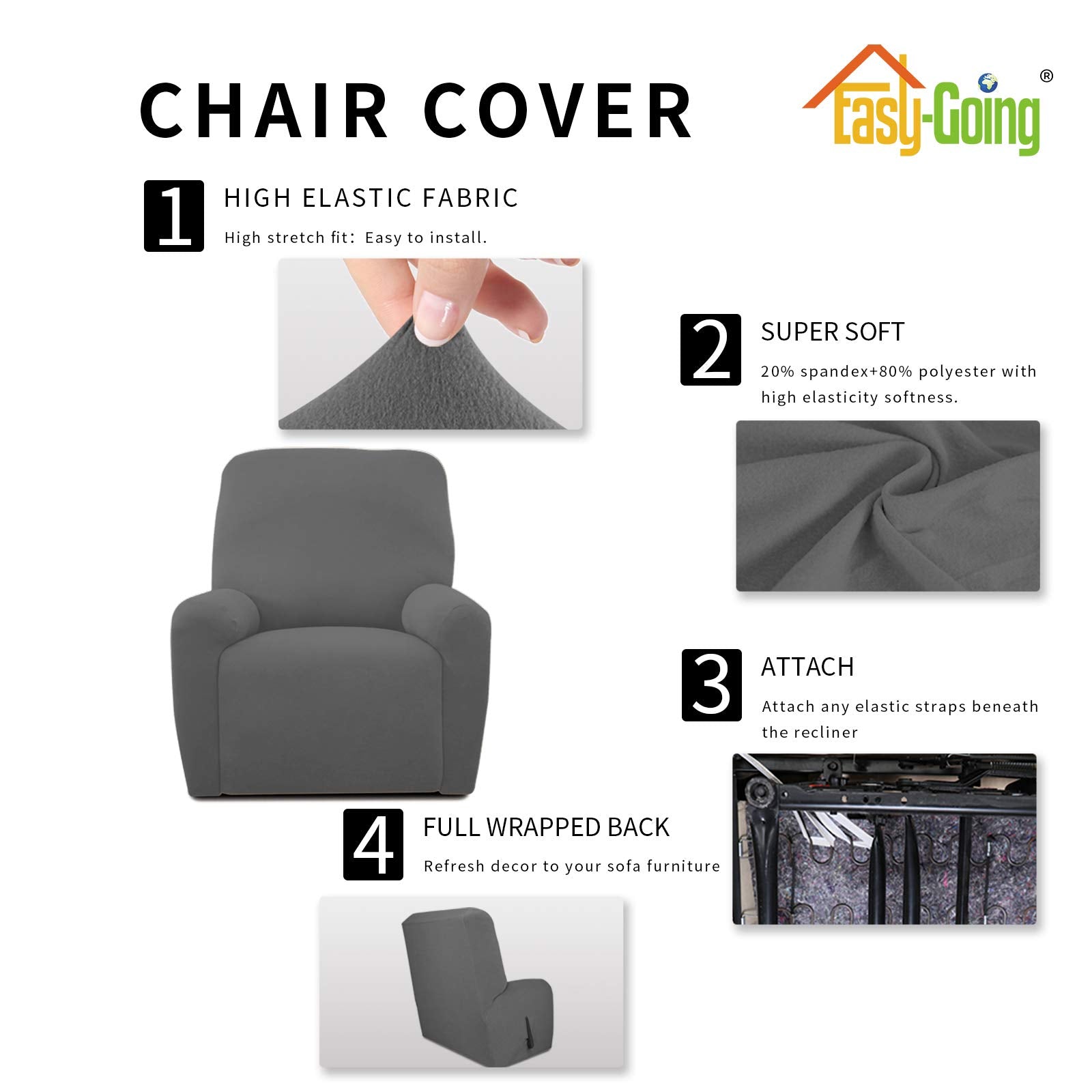 Easy-Going 4 Pieces Microfiber Stretch Recliner Slipcover - Spandex Soft Fitted Sofa Couch Cover, Washable Furniture Protector With Elastic Bottom For Kids, Pet(Recliner, Gray)