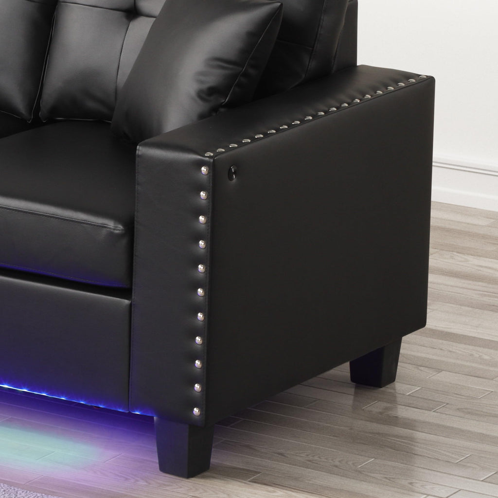 Sorenza 74' W Black PVC Reversible Sectional Sofa Chaise with LED Light, USB Port, Nailhead Trim, Throw Pillows, Tufted Cushion