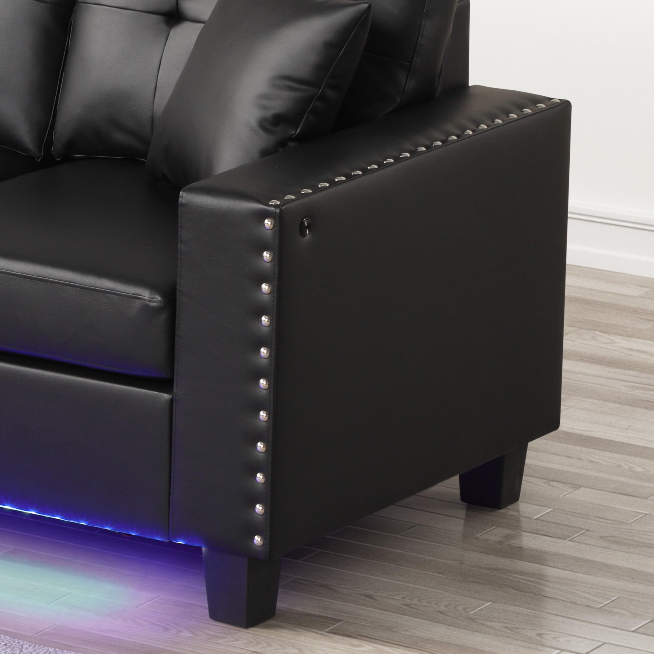 Sorenza 74' W Black PVC Reversible Sectional Sofa Chaise with LED Light, USB Port, Nailhead Trim, Throw Pillows, Tufted Cushion