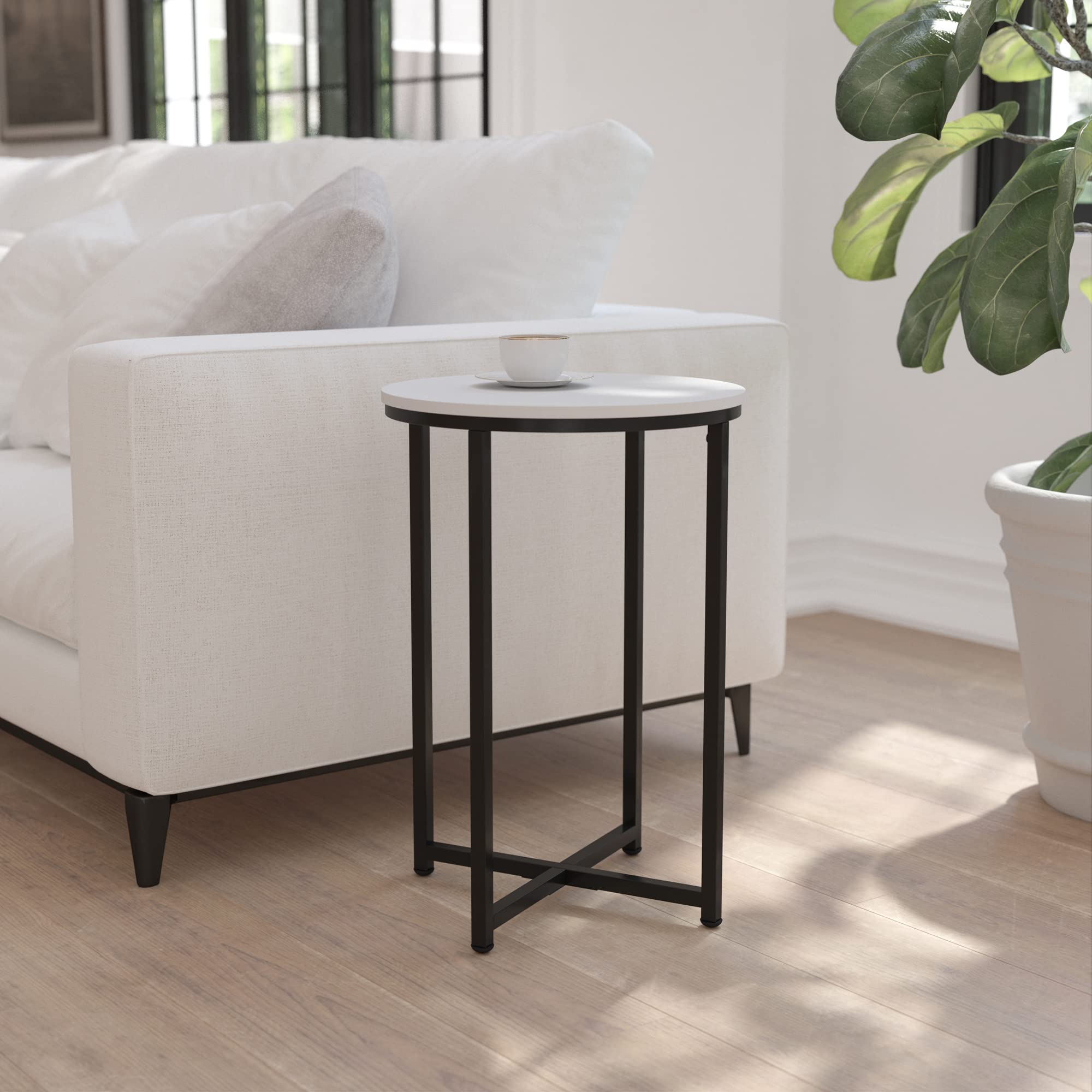 Flash Furniture Hampstead Collection End Table - Modern White Finish End Table - Crisscross Matte Black Frame