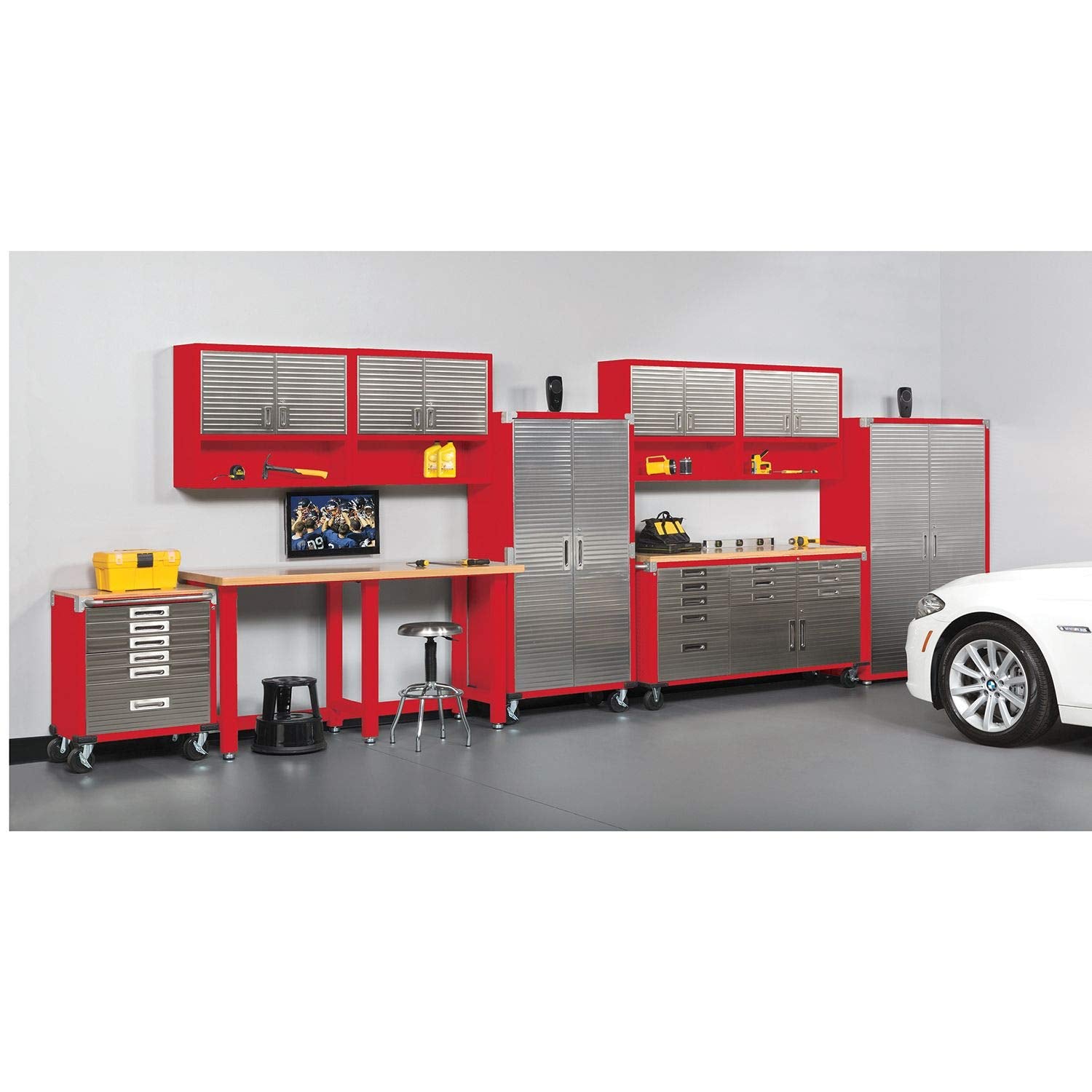 Seville Classics Ultrahd Heavy Duty Rolling Cabinet Workbench Table W/Solid Wood Top, Workstation For Garage, Warehouse, Office, Workshop, 77' W X 20' D X 37.5' H, Red, 11-Drawer