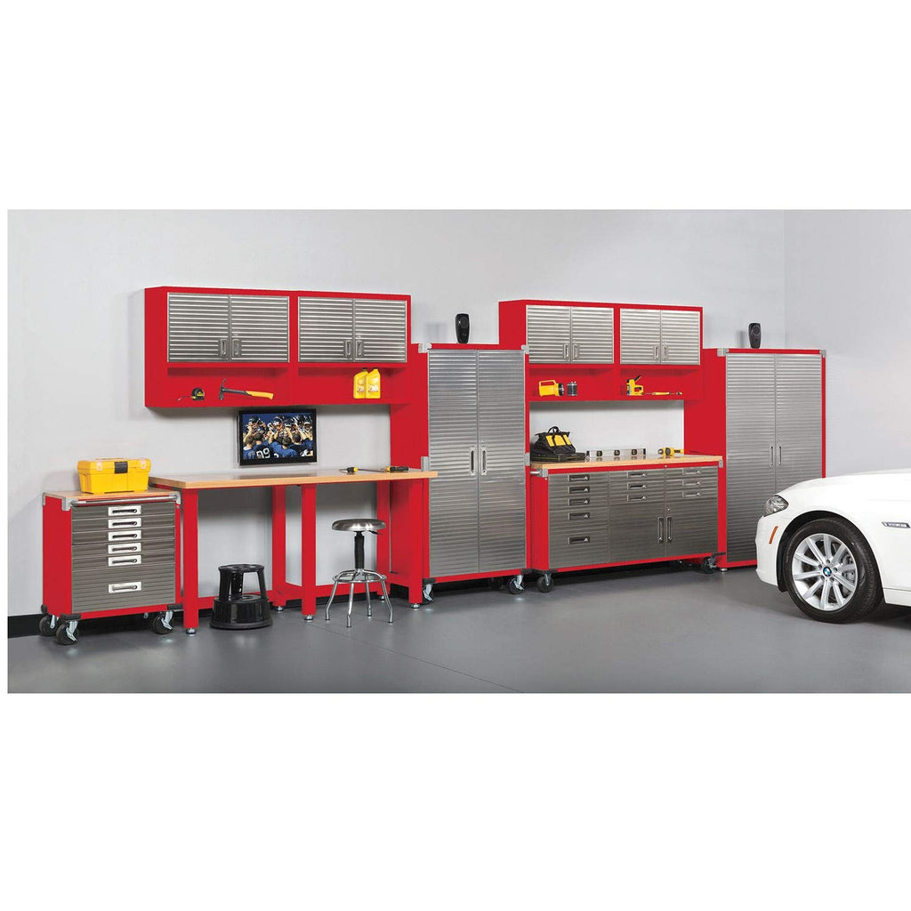 Seville Classics Ultrahd Heavy Duty Rolling Cabinet Workbench Table W/Solid Wood Top, Workstation For Garage, Warehouse, Office, Workshop, 77' W X 20' D X 37.5' H, Red, 11-Drawer
