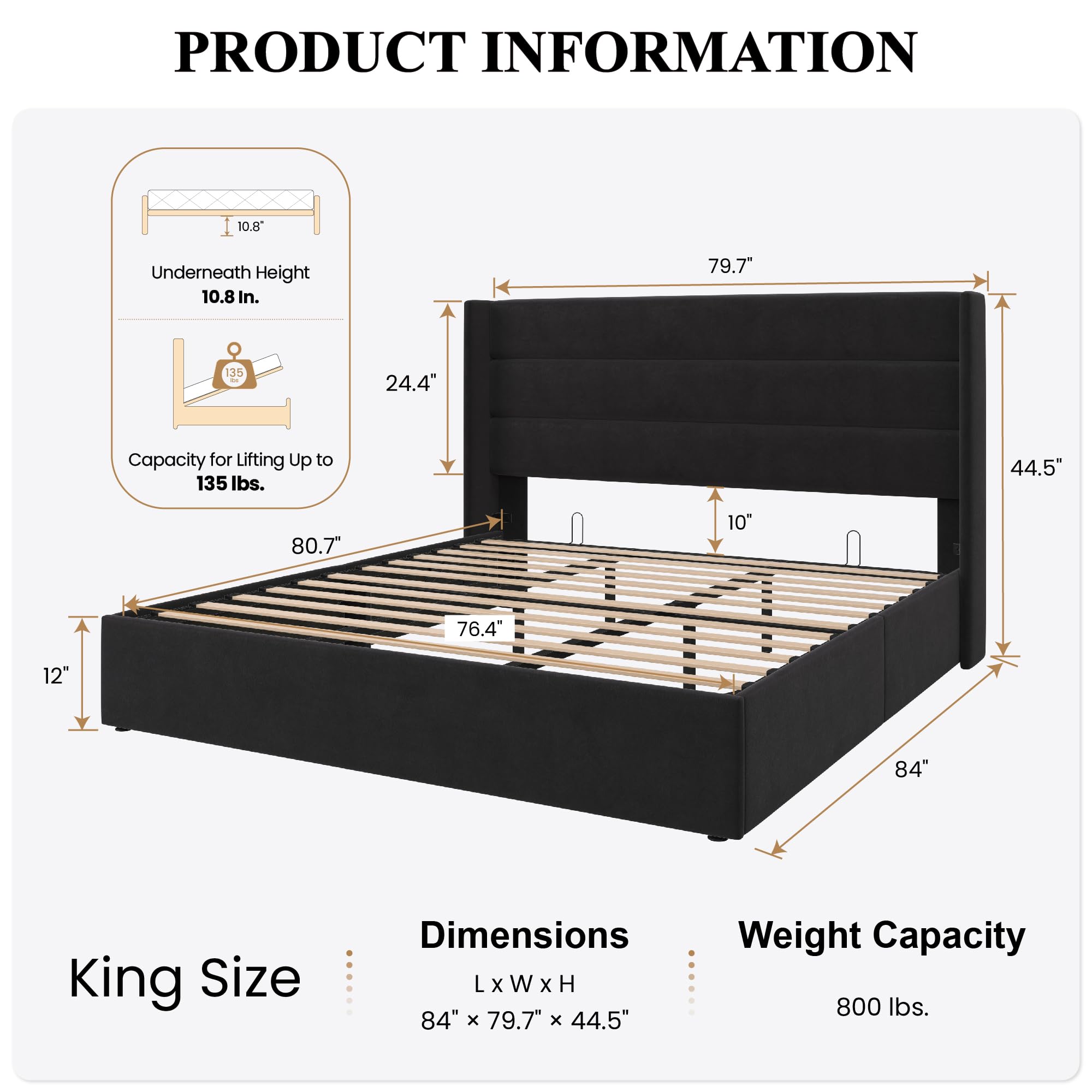 Sha Cerlin King Size Lift Up Storage Bed/Velvet Upholstered/Modern Wingback Headboard/Upholstered Platform Bed Frame/Hydraulic Storage/No Box Spring Needed/Black