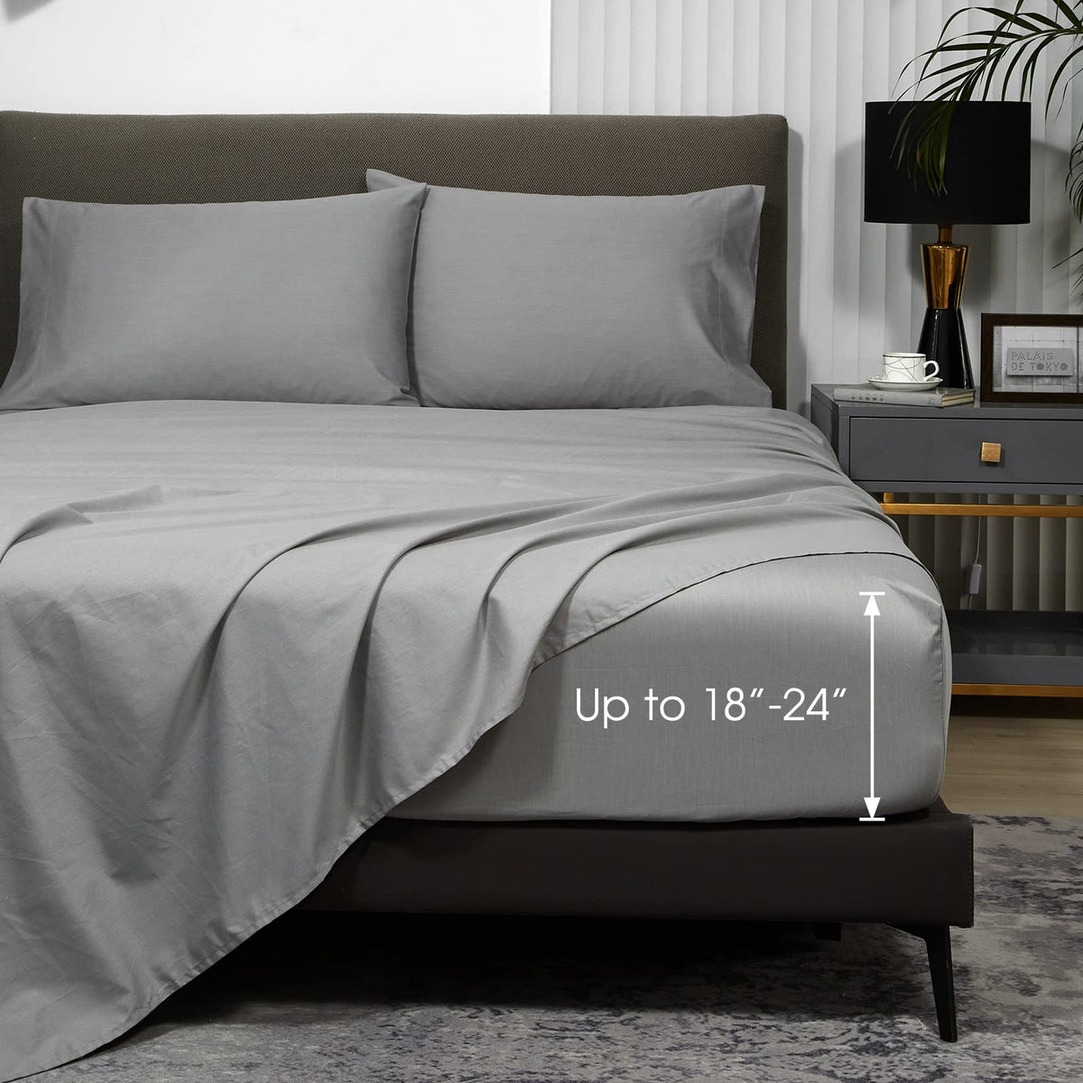 Hyprest Extra Deep Pocket Cal King Sheet Sets Fits 18'-24' In Deep Mattress -100% Cotton California King Sheet Set, Light Grey