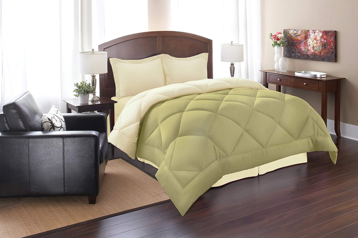 Elegant Comfort Elegance Linen Super Soft Goose Down 3Pc Reversible Alternative Comforter, Full, Sage/Cream