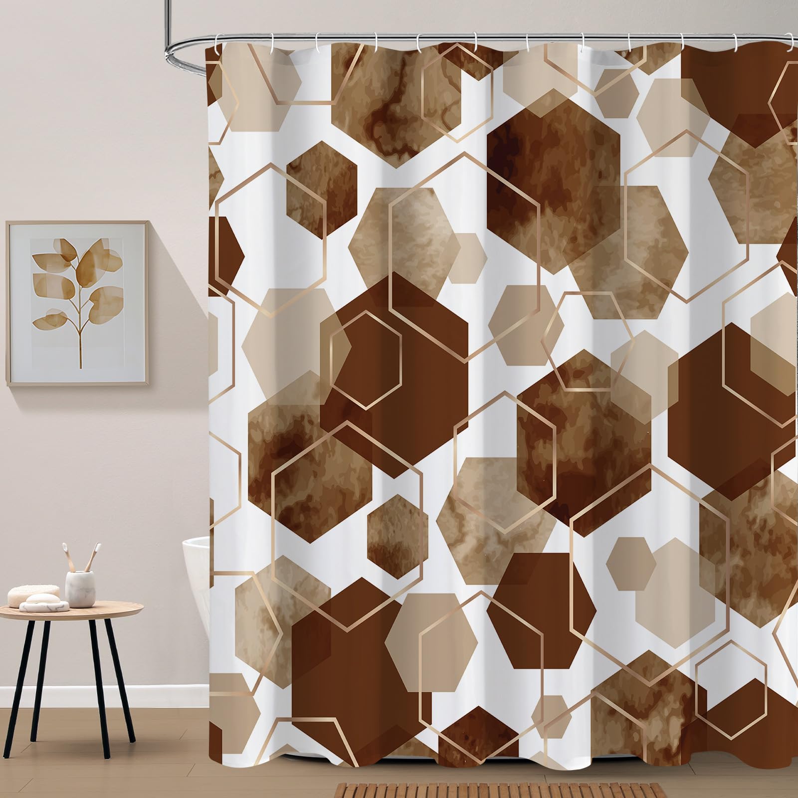 Litabel Modern Extra Long Shower Curtain For Bathroom, Brown Geometric Art Decor Waterproof Bath Curtain, Abstract Fabric Shower