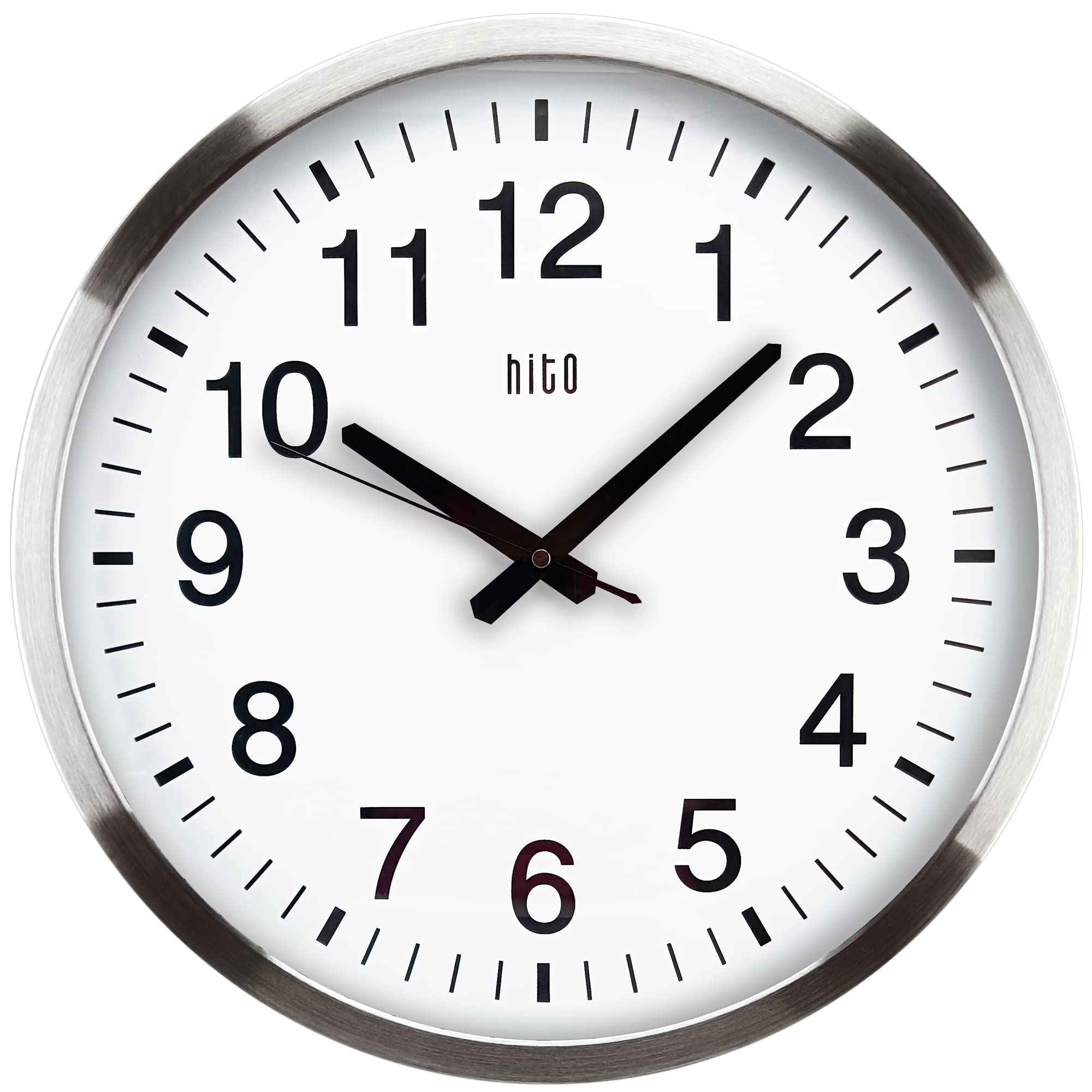 HITO 16 Silent Wall Clock Battery Operated Non Ticking Sweep Movement Glass Cover Silver Aluminum Frame, for Kitchen, Bedroom, H