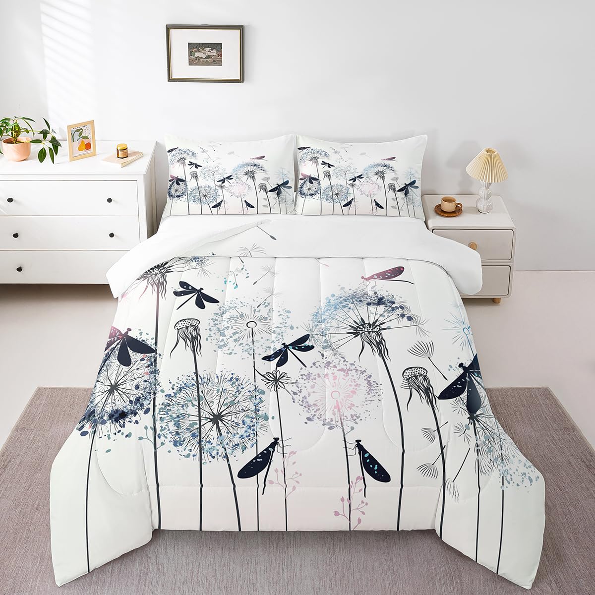 Castle Fairy Dragonfly Comforter Set Full Size,Colorful Dandelion Bedding 3Pcs For Kids Girls Woman Adult Room Decor,Nature Flying Animals Plants Quilt Modern Boho Duvet Insert,2 Pillowcases,White
