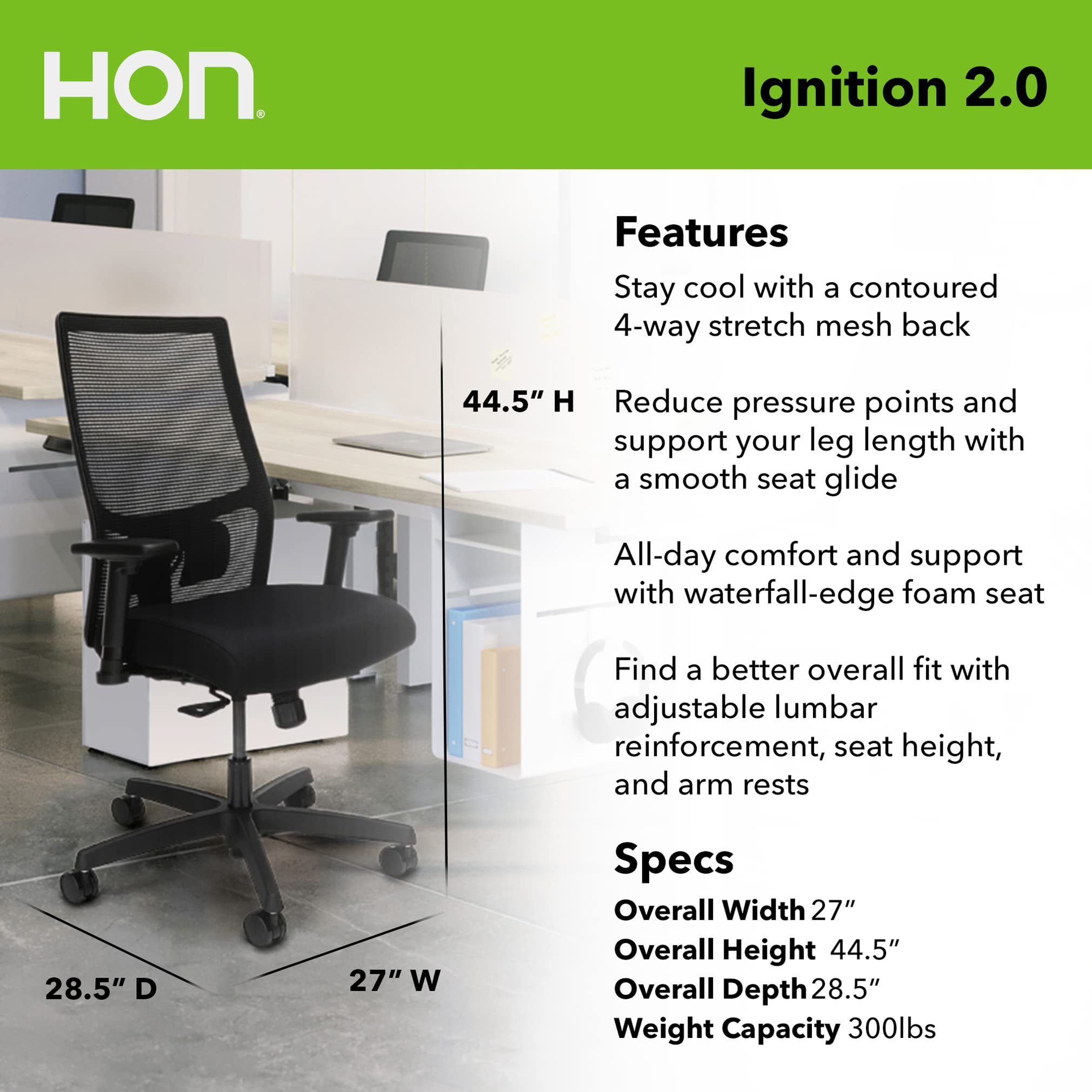 Hon Office Desk Chair Ignition 2.0 - Ergonomic Desk Chair, Home Office Chairs, Adjustable Lumbar & Armrests, Seat-Slide, Back Support, Cushion, Swivel Wheels, Black