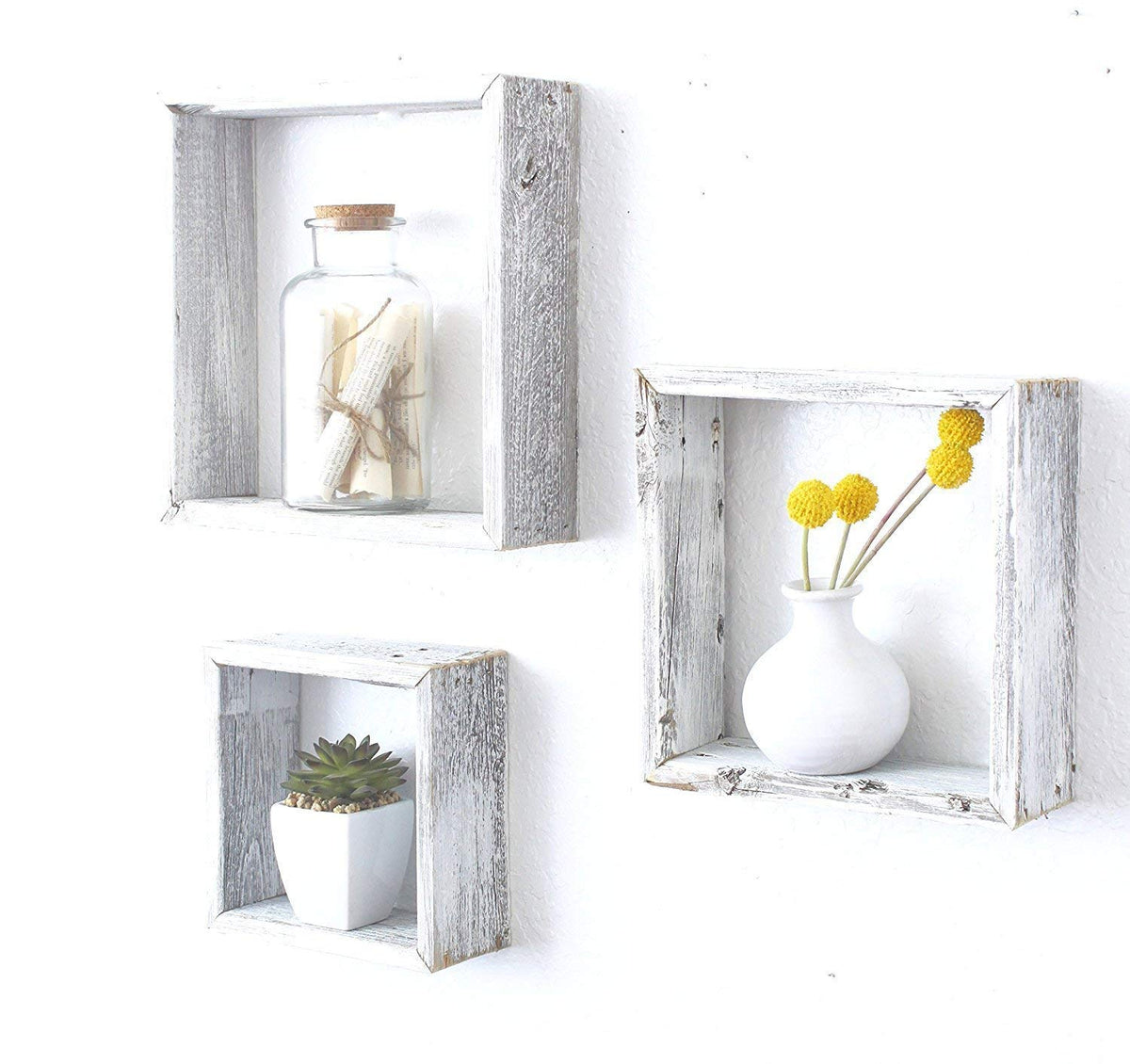 HomeRoots Set of 3 Square Rustic White Wash Wood Open Box Shelve