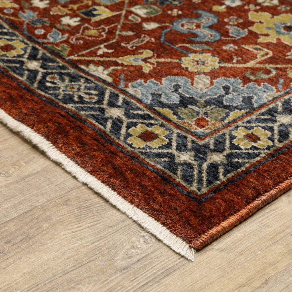 HomeRoots 507979 6 x 9 ft. Red Blue Gold & Ivory Oriental Power Loom Stain Resistant Rectangle Area Rug with Fringe