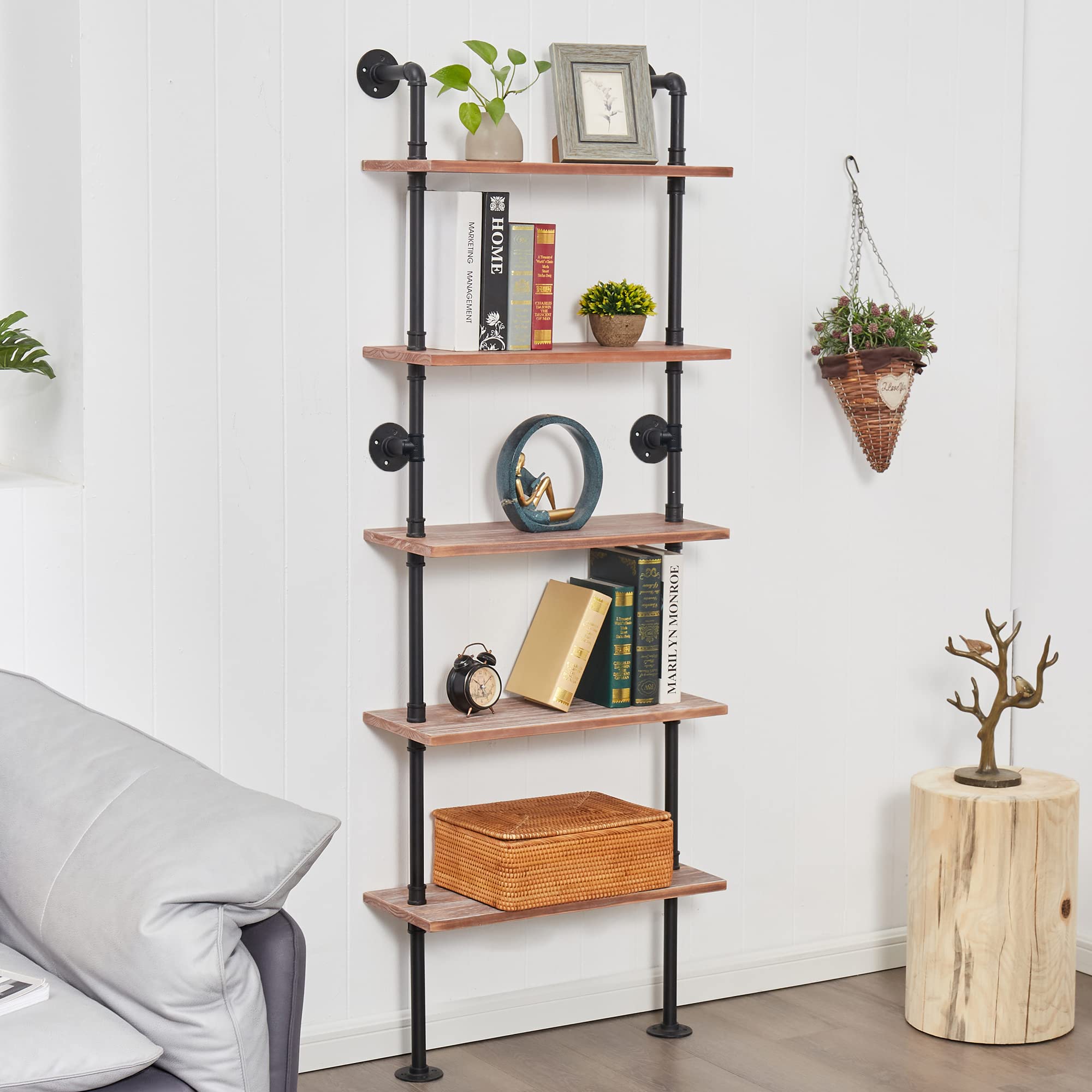 Anynice 5 Tier Industrial Ladder Bookshelf, Wall Mounted Wood Metal Rustic Pipe Shelves (Weathered Brown, 5 Tier - 10 D x 24 W x