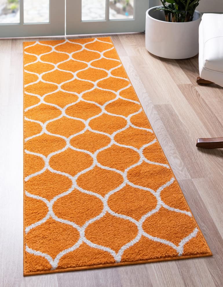 Unique Loom Trellis Frieze Collection Area Rug - Rounded (2' X 13' 1'' Runner Orange/Ivory)