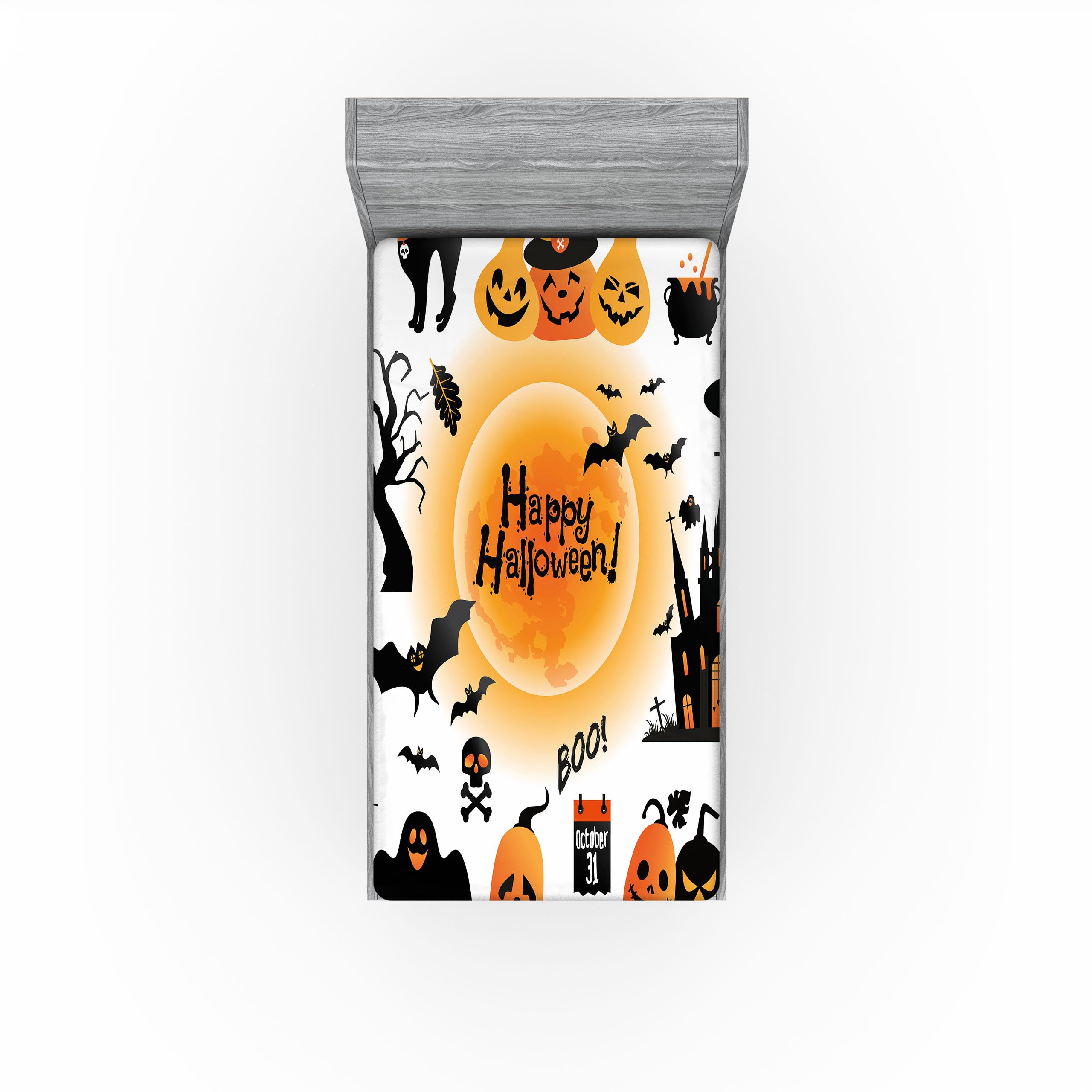 Ambesonne Halloween Fitted Sheet Set, All Hallows Day Objects Haunted House Owl And Trick Or Treat Candy Black Cat, Bed Cover Wi