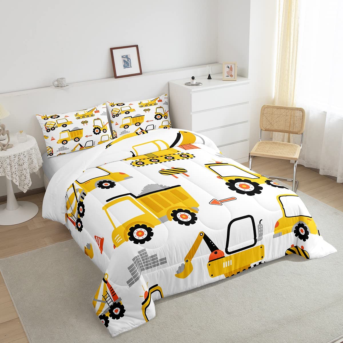 Feelyou Cartoon Car Comforter Set Kids Construction Comforter For Boys Equipment Trucks Bedding Set Breathable Cartoon Yellow Ca