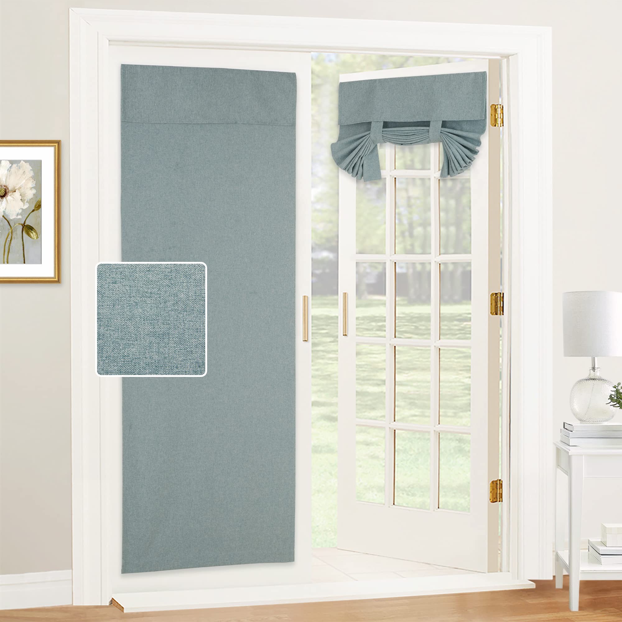 Ryb Home Natural Linen Blended Door Curtains - Room Darkening Door Window Blind Self Stick Tie Up Shades Tricia Door Window Curtain Insulating French Door Curtains, W26 X L69 Inch, Stone Blue, 1 Panel