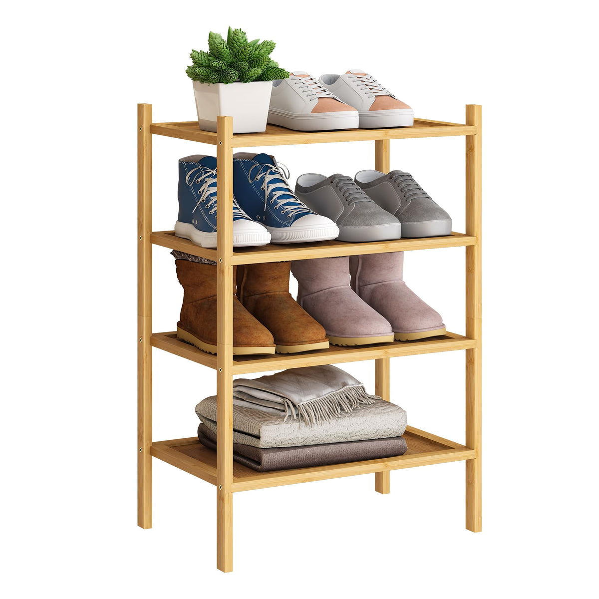 Bmosu 4-Tier Bamboo Small Shoe Rack Premium Stackable Shoe Shelf Storage Organizer For Hallway Closet Living Room Entryway Organizer(Natural)