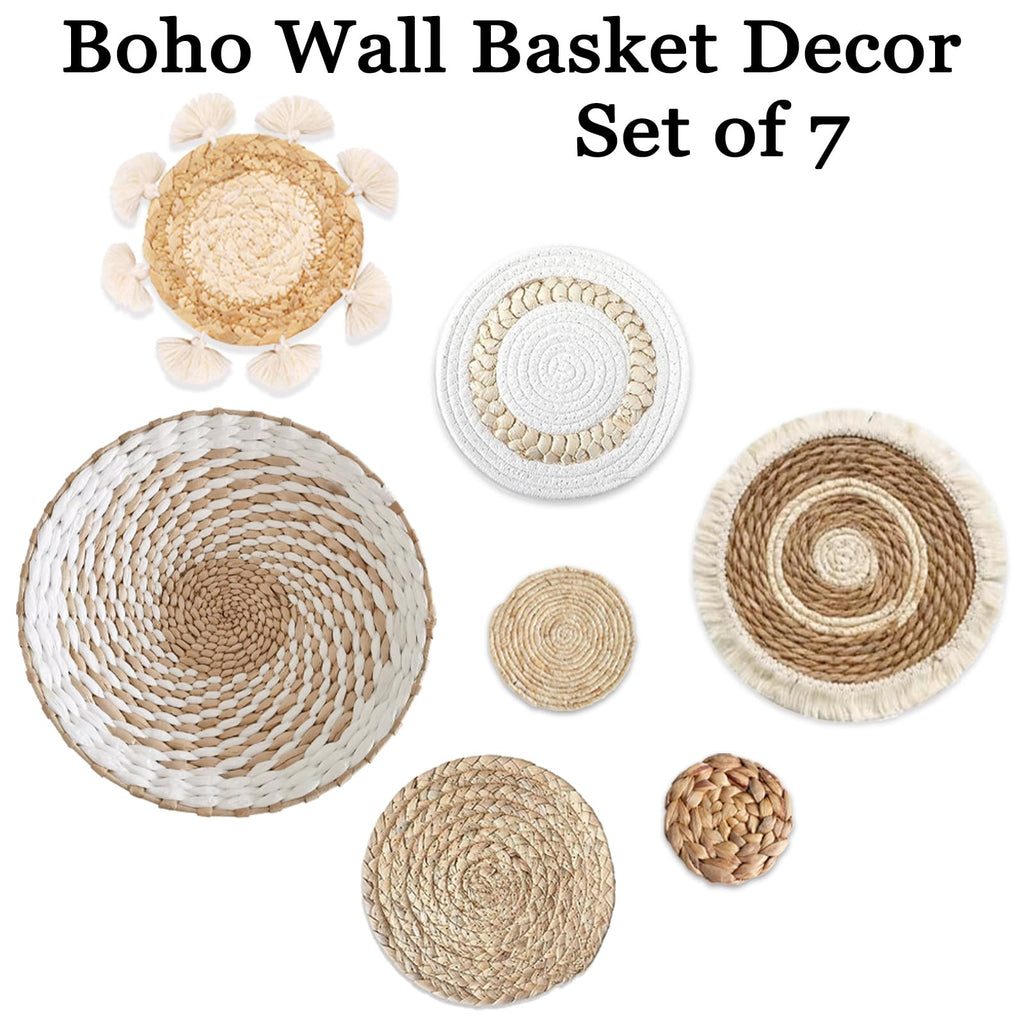 7 Pack Boho Wall Basket Decor - Seagrass Rattan Wicker Wall Decor Round Handmade Hanging Rustic Flat Elegant Wall Art For Farmho