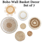7 Pack Boho Wall Basket Decor - Seagrass Rattan Wicker Wall Decor Round Handmade Hanging Rustic Flat Elegant Wall Art For Farmho