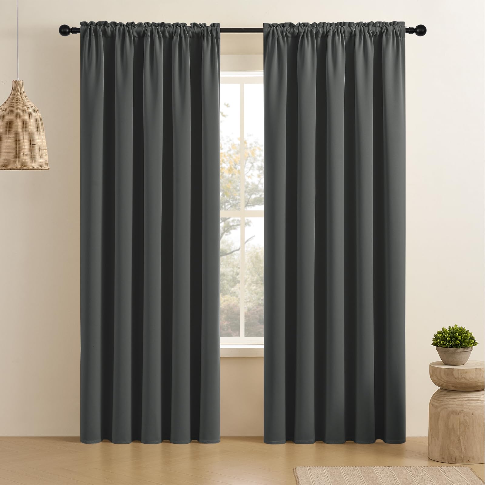 CUCRAF Dark Grey Blackout Curtains 90 inch Length 2 Panels Set, Rod Pocket Room Darkening Drapes for Bedroom Living Room, Insula