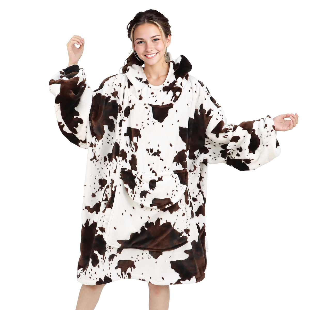 Kivee Wearable Blanket Hoodie Cow Print Oversized Fleece Sweatshirt Blanket With Giant Pocket Warm Cozy Hooded Blanket For Adult