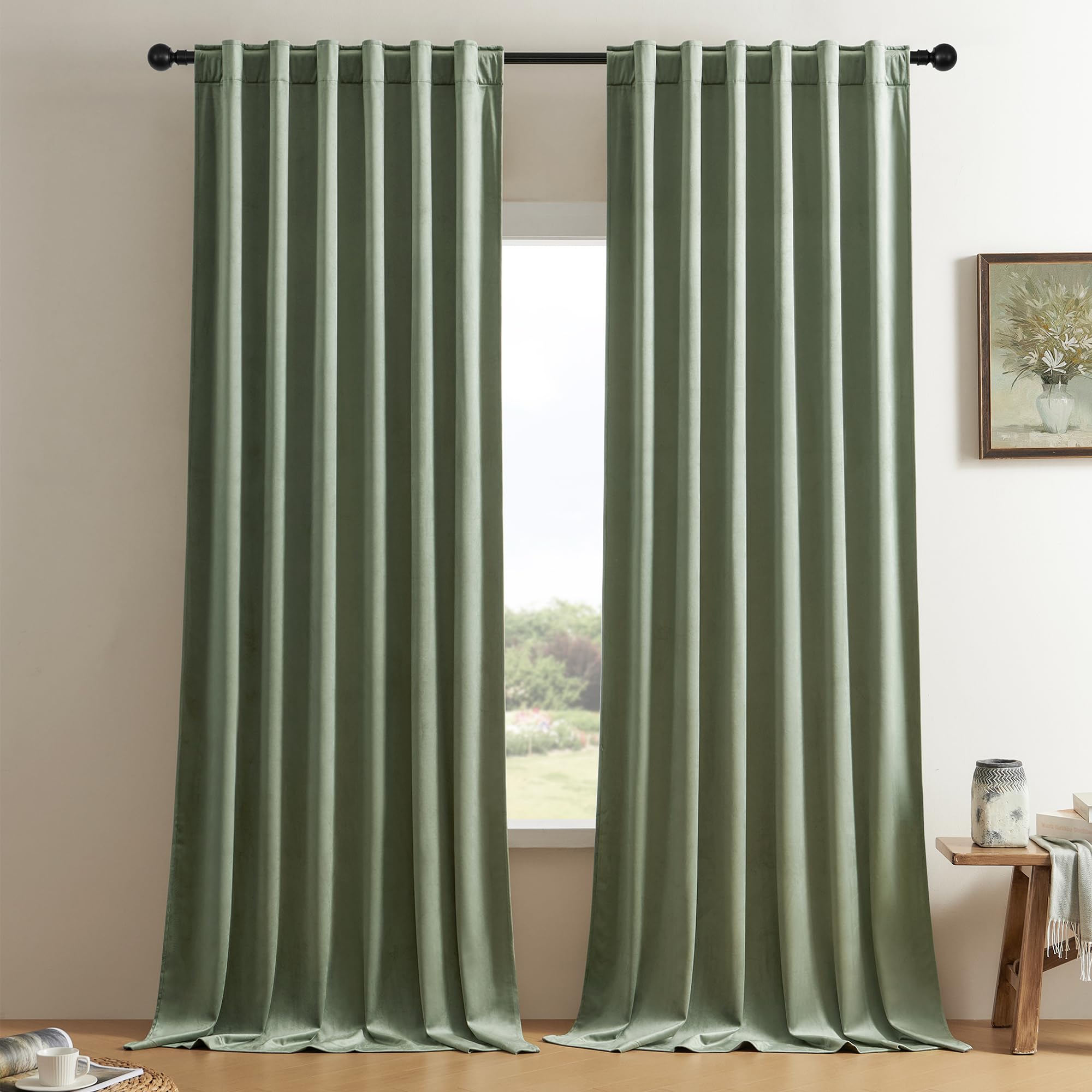 Timeper 72 Inches Length Velvet Curtains, Sage Green Drapes Noise Reducing Panels Soft Luxury Window Decor For Hall, Rod Pocket