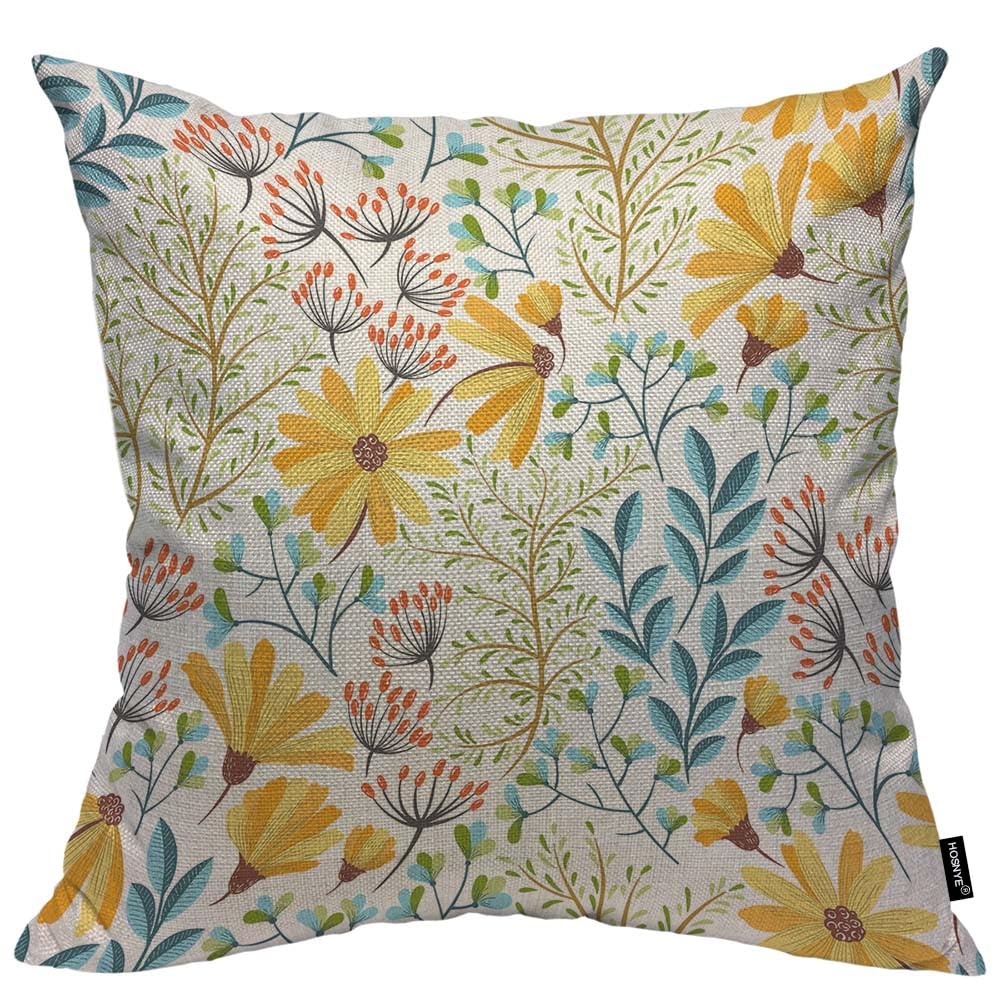 Hosnye Abstract Yellow Flower Throw Pillow Cushion Coverscolorful Floral Green Branches Blue Leaves Red Fruit Spring Modern Deco