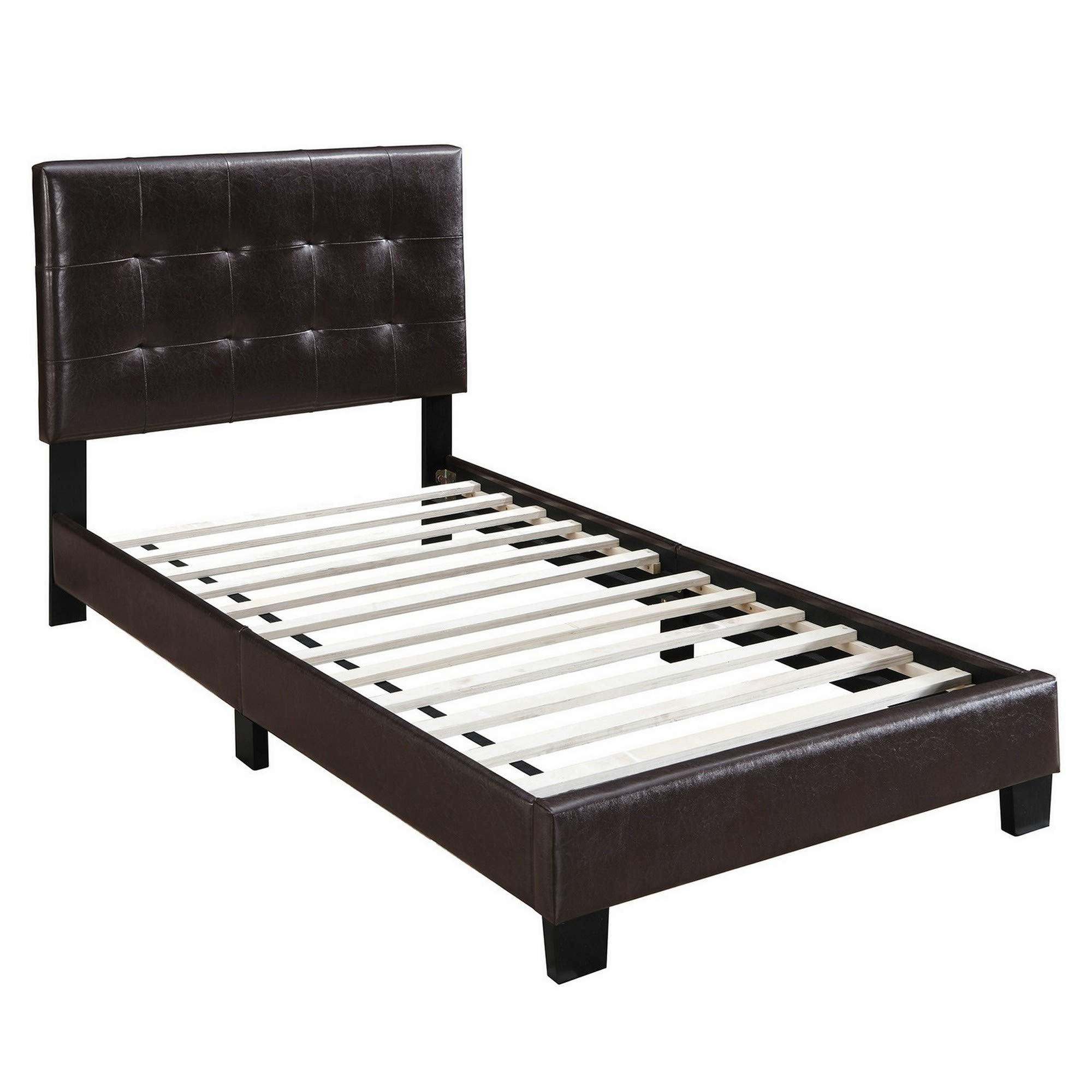Benjara BM232010 Twin Size Leatherette Bed with Checkered Tufted Headboard, Dark Brown - 43 x 79 x 43 in.
