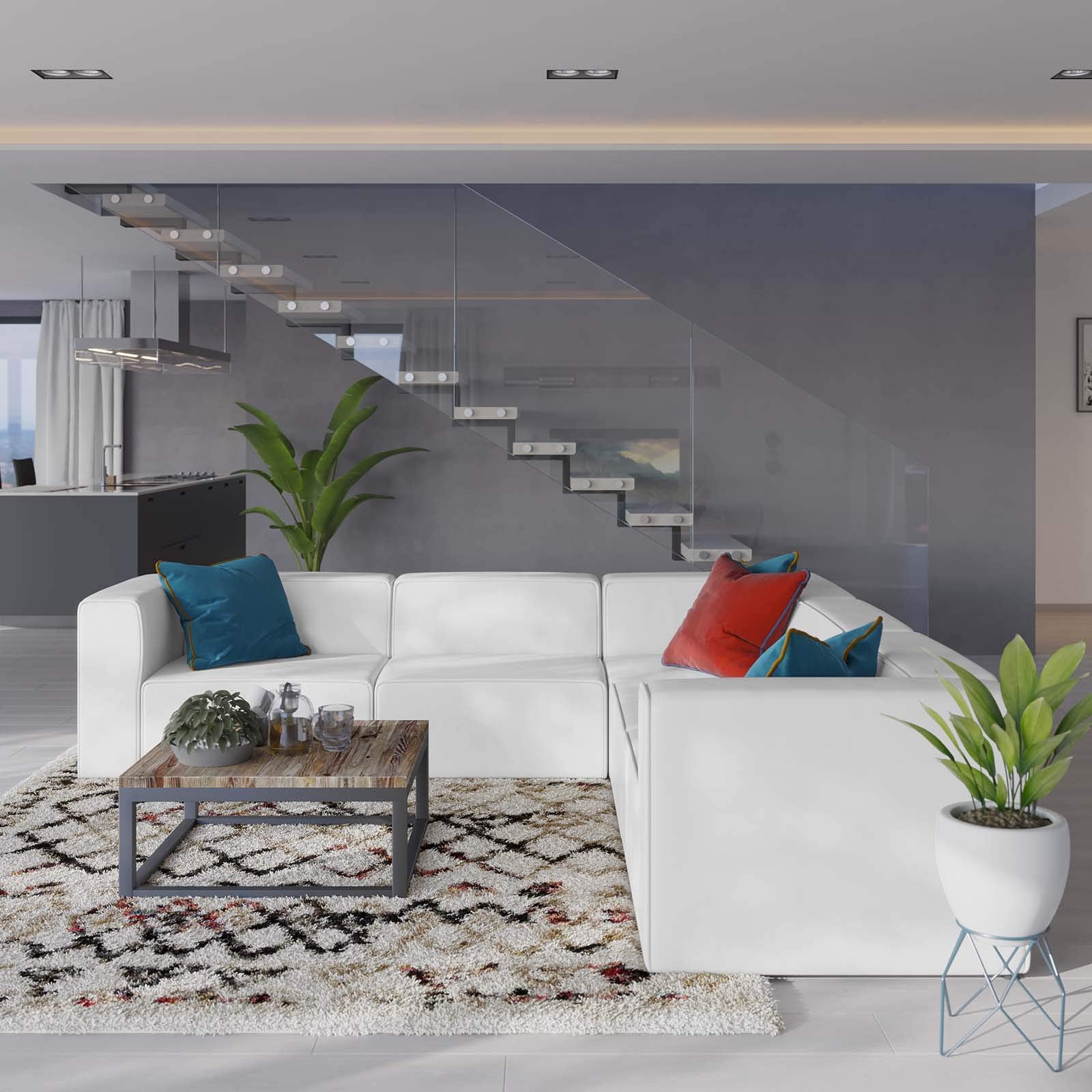 Modway Mingle Vegan Leather 5-Piece Sectional Sofa, White