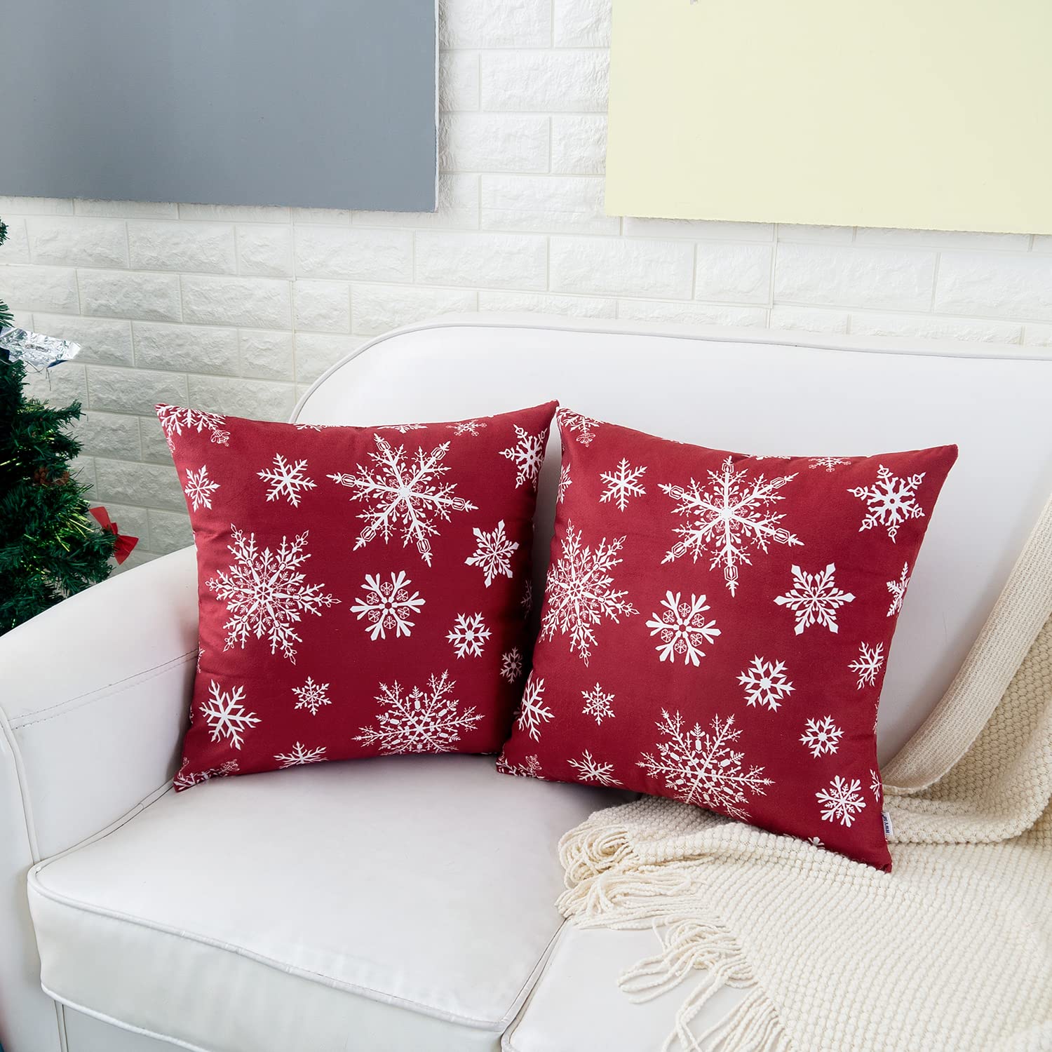 Hwy 50 Red Decorative Throw Pillow Covers 16X16 Inch For Couch Sofa Living Room Bed, Soft Christmas Big And Small Snowflakes Pri