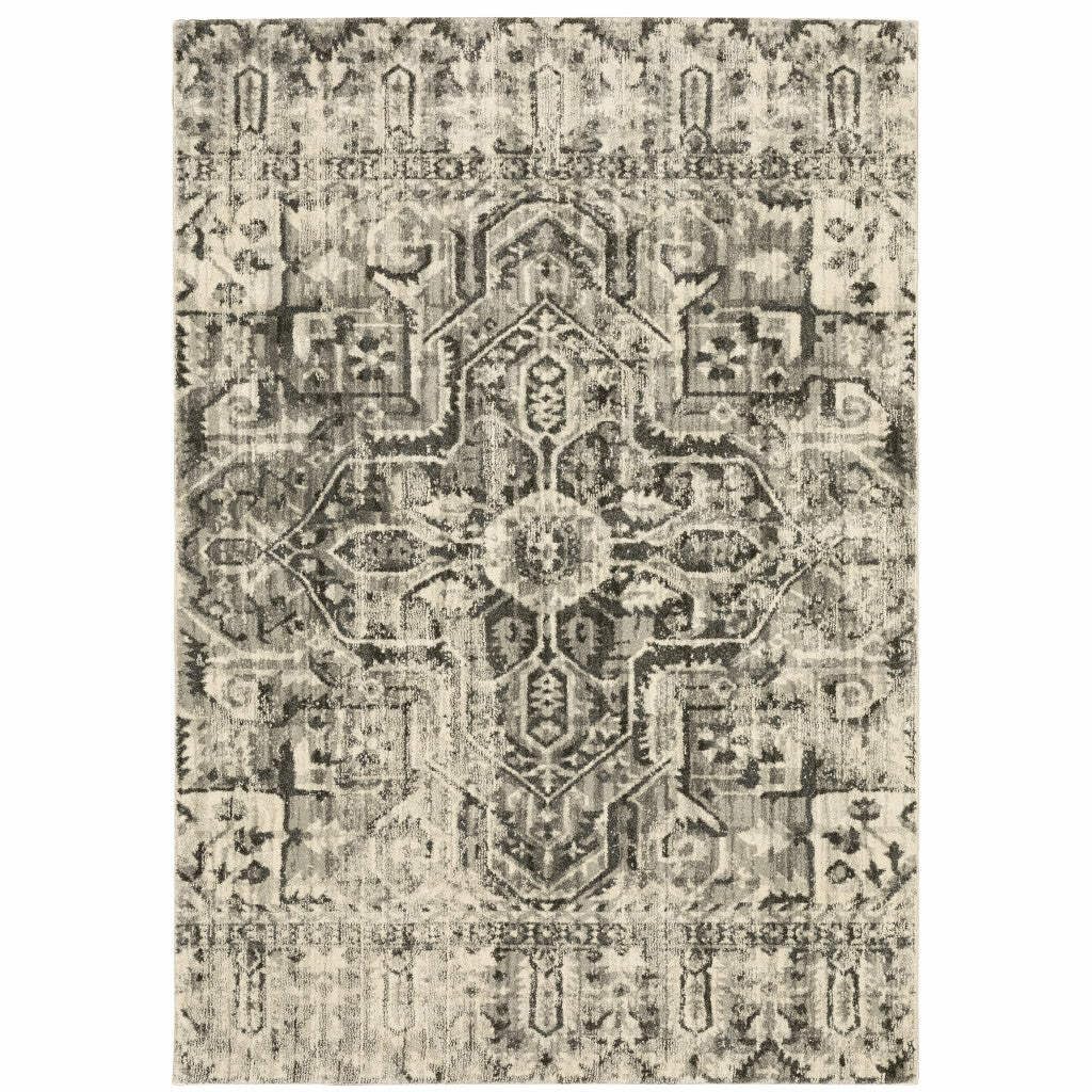 HomeRoots 508843 6 x 9 ft. Gray Ivory & Brown Oriental Power Loom Stain Resistant Rectangle Area Rug