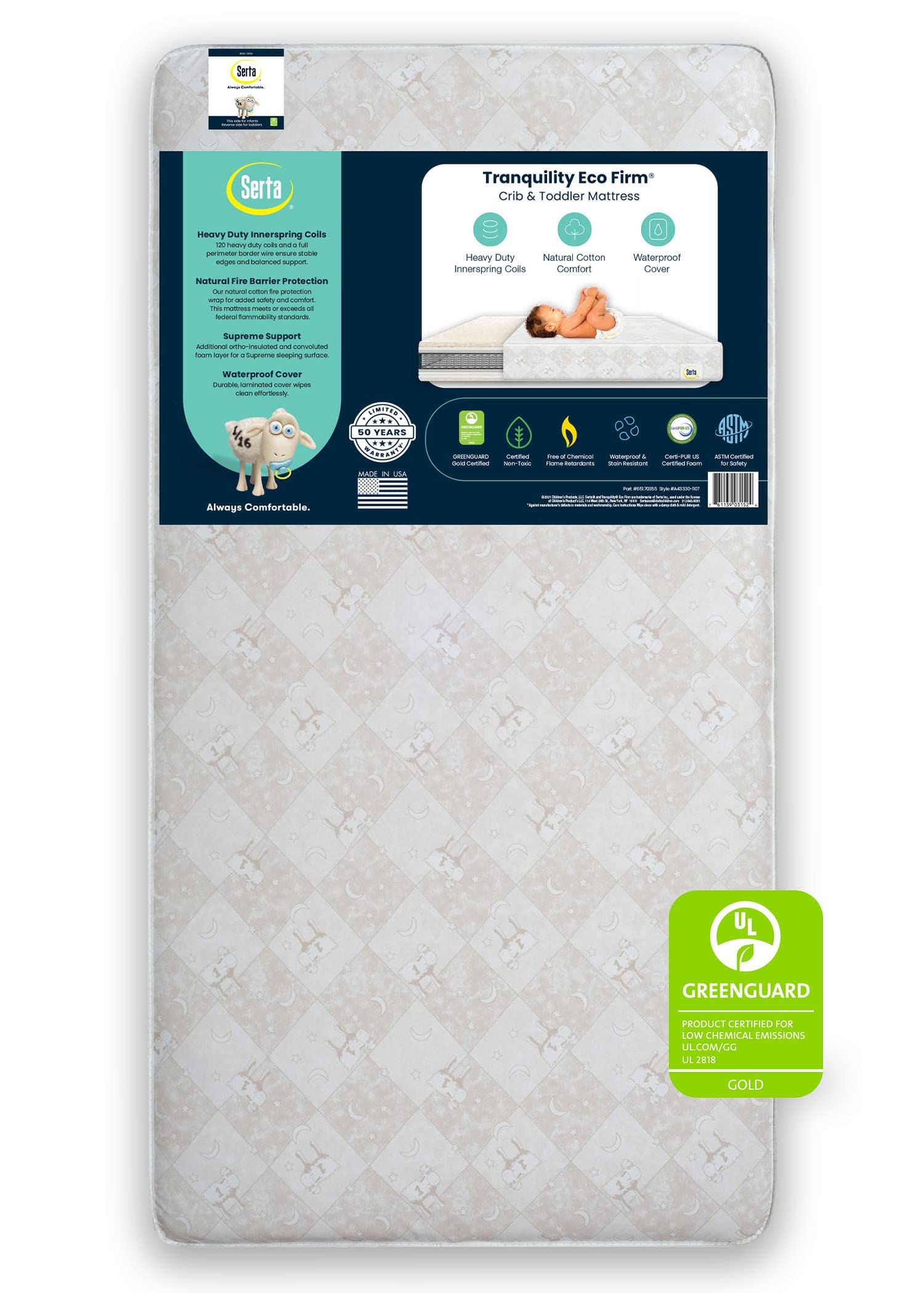 Serta Tranquility Eco Firm 2-Stage 6' Premium Baby Crib Mattress & Toddler Mattress - Waterproof - Greenguard Gold Certified -