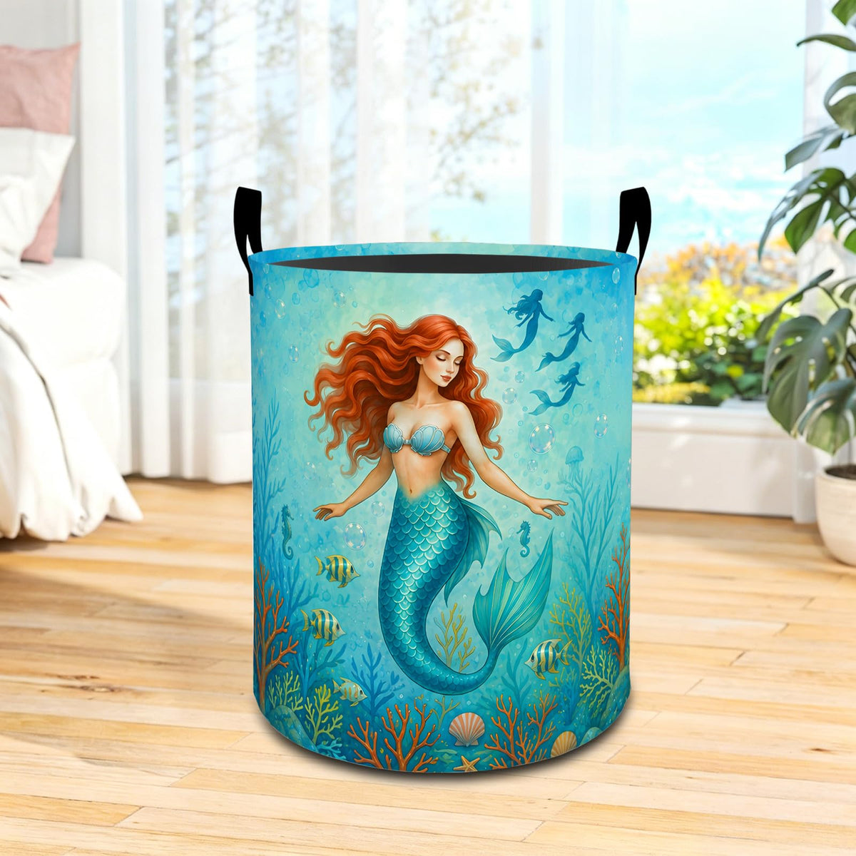coedoaes Cute Mermaid Oxford Cloth Laundry Basket with Handles 19.7X15.7