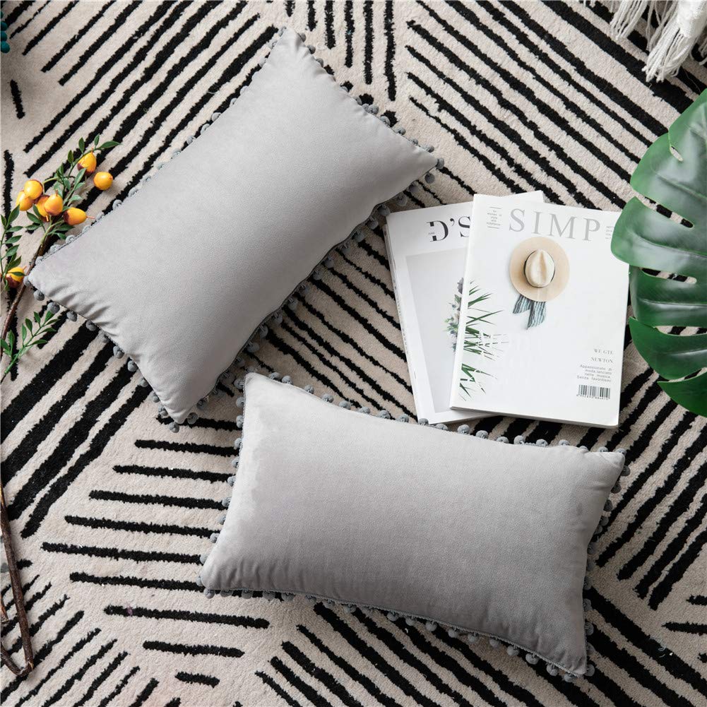 Dezene Decorative Pillow Cases 12X20 Light-Grey: 2 Pack Cozy Soft Pom-Poms Velvet Rectangular Throw Pillow Covers For Farmhouse