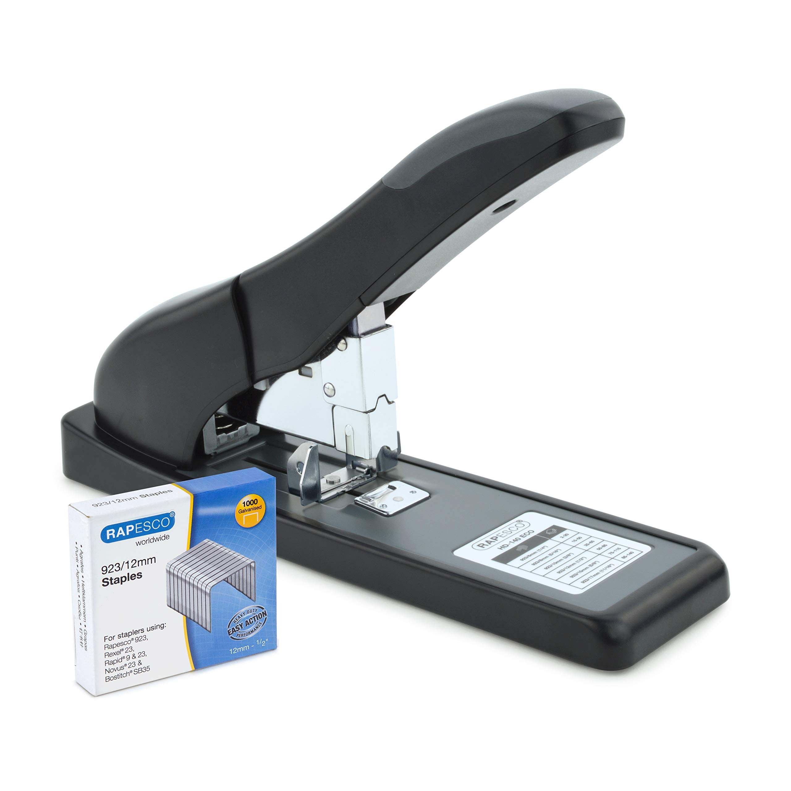 Rapesco 1550 Eco Hd-140 Heavy-Duty Stapler With 1000 Type 923 Heavy-Duty 1/2' Staples, 140 Sheet Capacity, Black