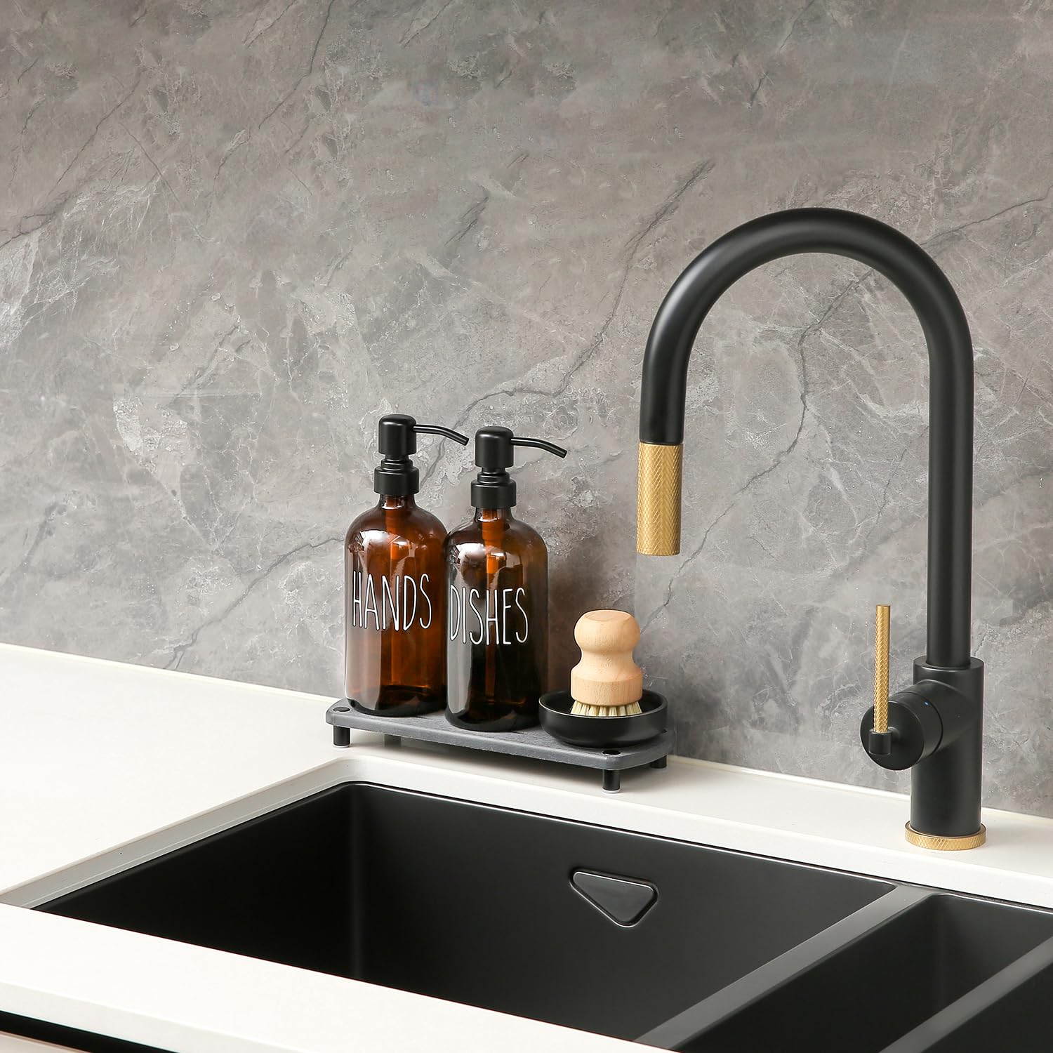 Momeemo Amber Glass Soap Dispenser Set Comes With Stainless Steel Pumps, Instant Dry Tray, And Dish Scrub Brush, Suitable For So