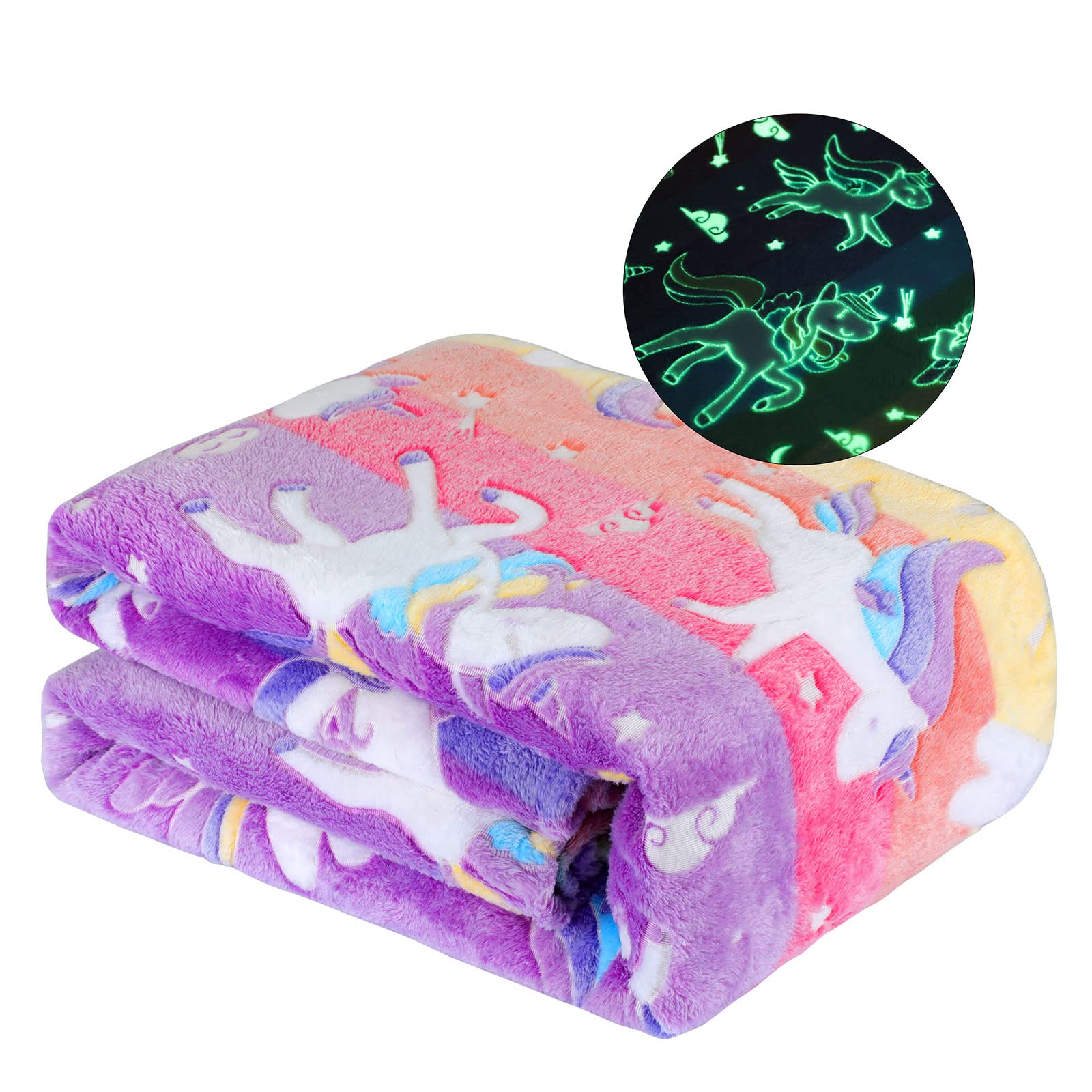 Glow in The Dark Blanket Unicorns Gifts for Girls Birthday Gift Halloween Super Cute Soft Cozy Rainbow Unicorn Star Flannel Lumi