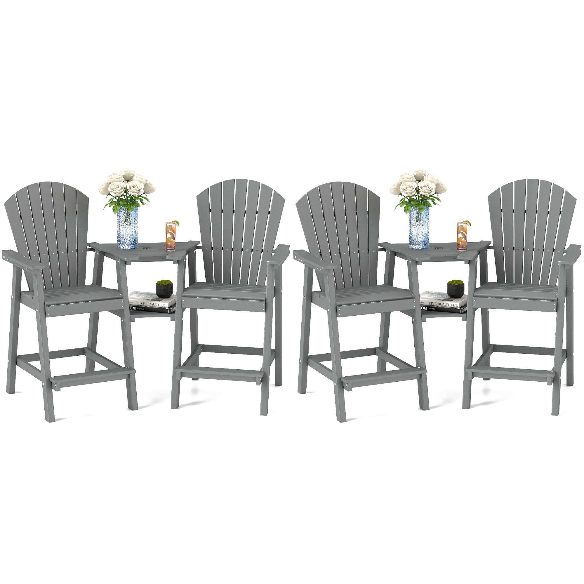 Foowin Tall Adirondack Chairs Set Of 4,Recycled Poly Balcony Chair With Double Connecting Tray Patio Stools Weather Resistant Fo