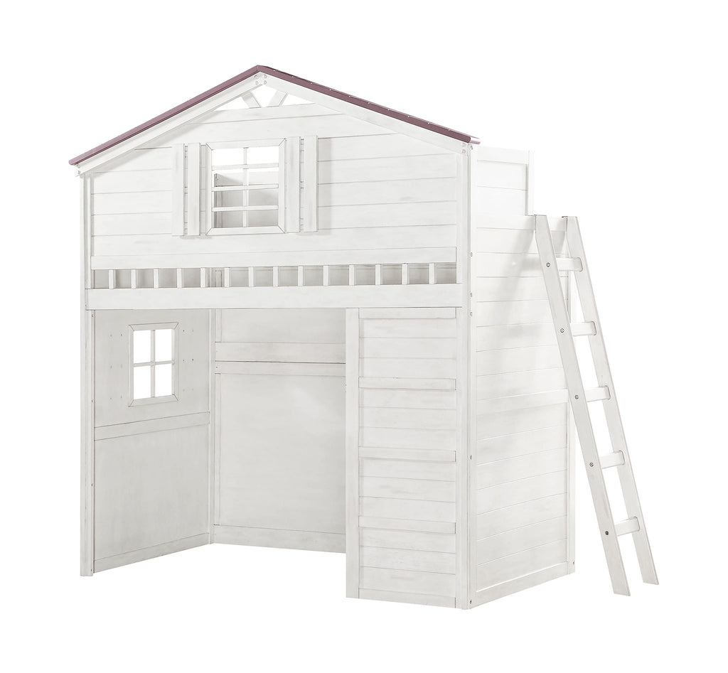 Acme Tree House Wooden Twin Loft Bed with Side Ladder in Pink and White