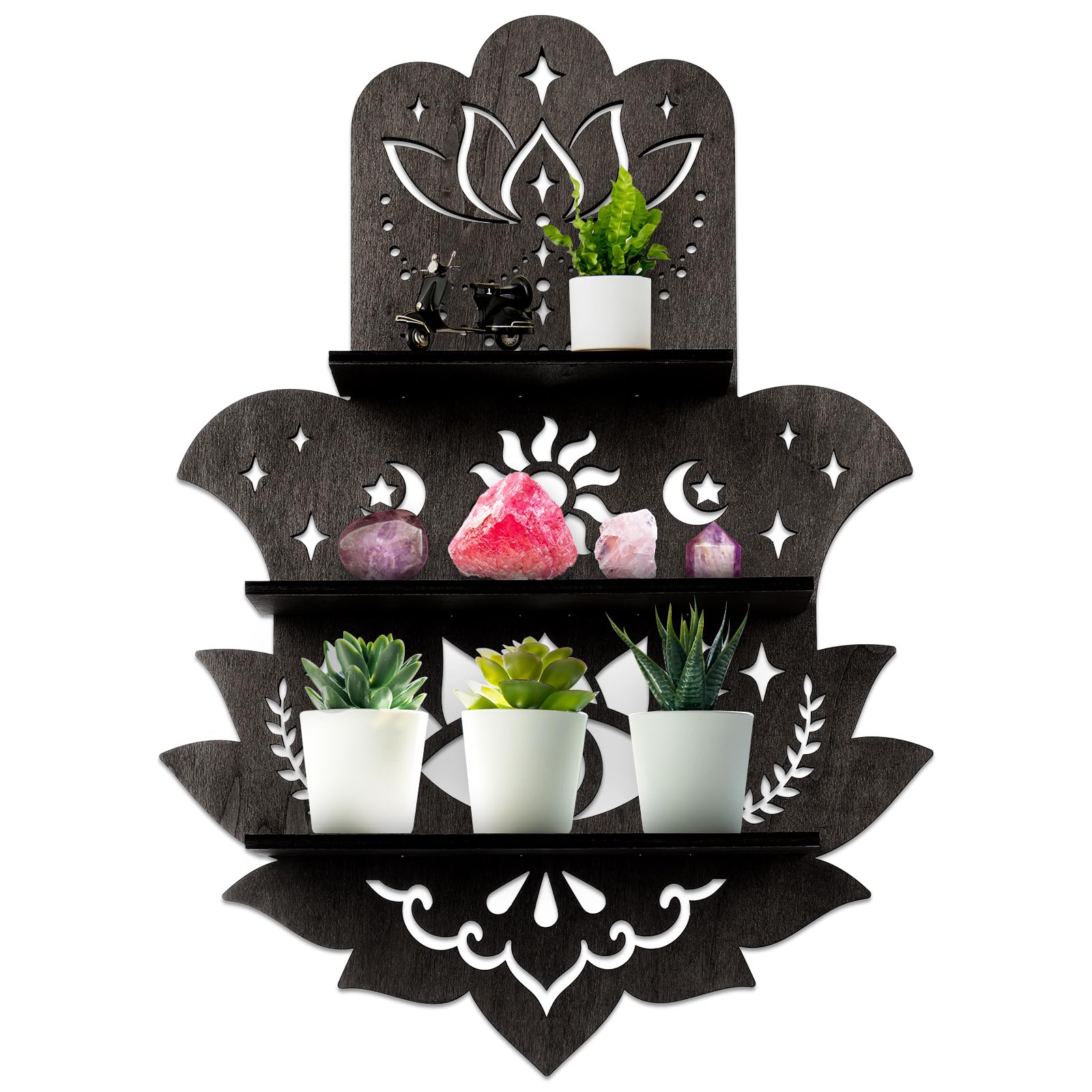 Hamsa Wall Decor Lotus Crystal Shelf Display for Evil Eye - Large 17 Hamsa Hand Boho Wooden Hanging Crystal Holder Aesthetic Z