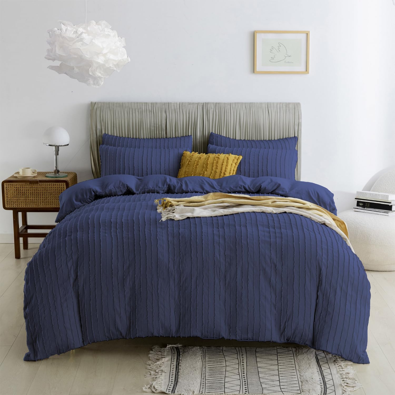 Jellymoni Navy Blue Duvet Cover Full Size - 3Pcs Microfiber Tufted Duvet Cover Set, Boho Striped Tufted Textured Duvet Cover Wit
