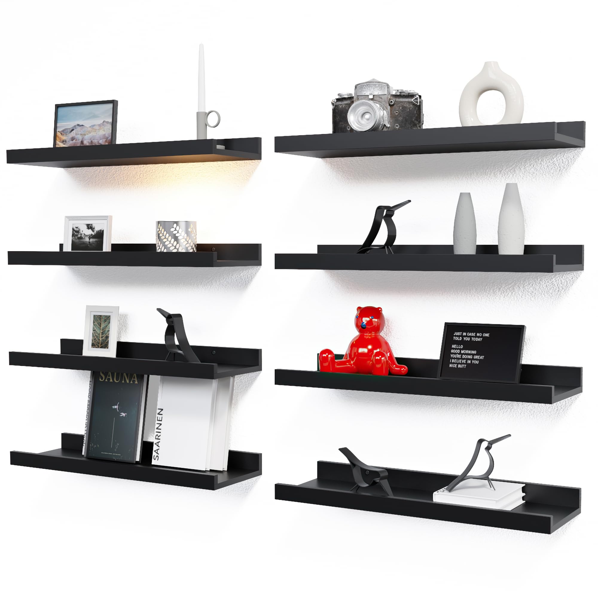 Richer House Floating Wall Mounted Shelves, 8Pc Set With Lip - Black Nursery Book Shelves For Bedroom, Bathroom, Kitchen Decor Storage