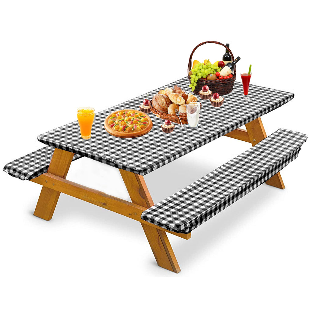 Bealy Picnic Table Cover With Bench Covers, 3 Piece Set Vinyl Tablecloth Waterproof Checkered Fitted Picnic Table Covers With Elastic Edge For Outdoor Indoor Patio Camping Party, 72X30 Inch