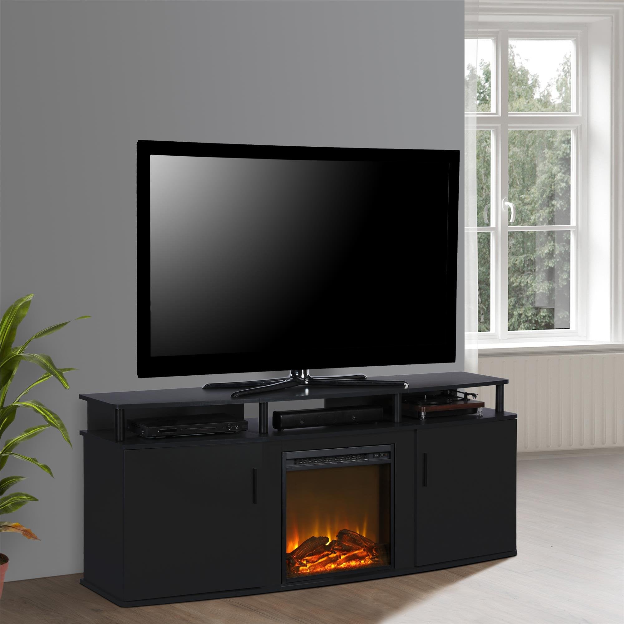 Ameriwood Home Carson Fireplace Tv Stand For Tvs Up To 70 Inch, Replaceable Electric Fireplace Insert Heater, Realistic Log And Flame Effect, For Living Room Or Bedroom, Black