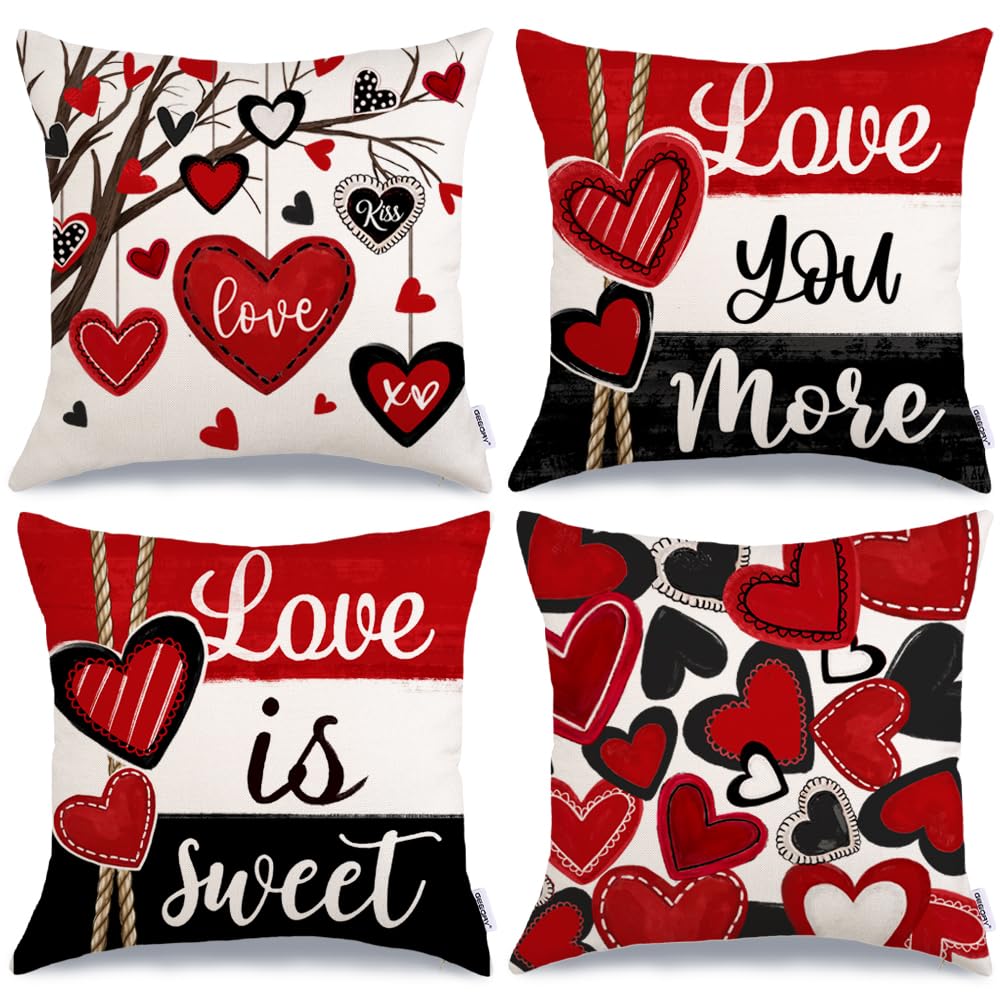 Geeory Valentine'S Day Love You More Hugs And Kisses Throw Pillow Covers 18X18 Inch Set Of 4, Red Hearts Stripes Decorative Farm