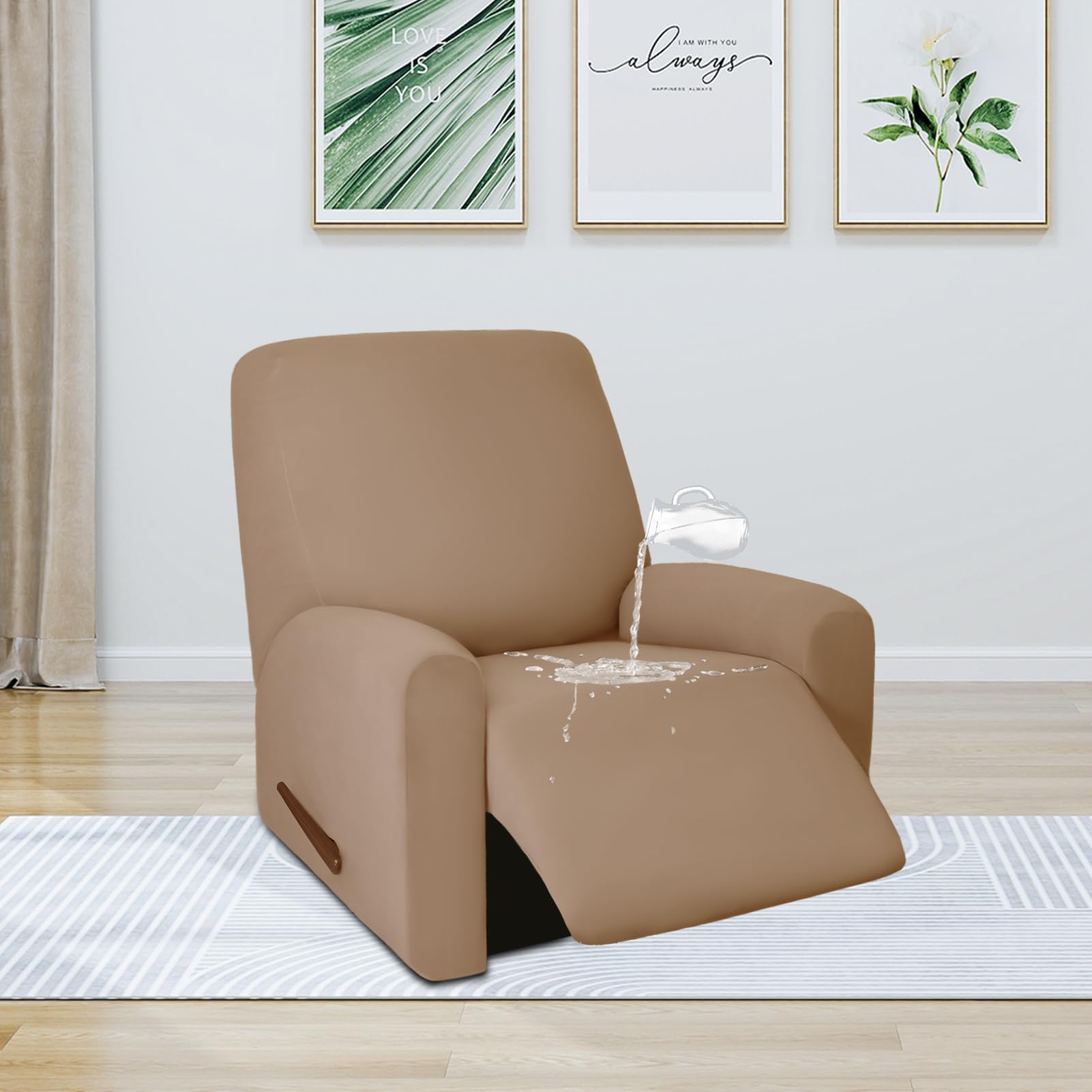 Purefit 100% Dual Waterproof Recliner Cover, Waterproof Couch Cover For Recliner - Stretch Non Slip Fleece Sofa Covers Washable, Leakproof Furniture Protector For Kids, Pets, Dog (Recliner, Camel)