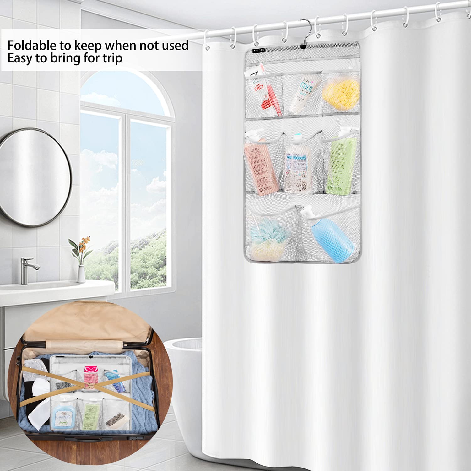 Anzorg Mesh Shower Organizer Hanging Caddy Quick Dry Bathroom Storage For Toiletry Accessories With Rotating Hanger (8 Pockets)