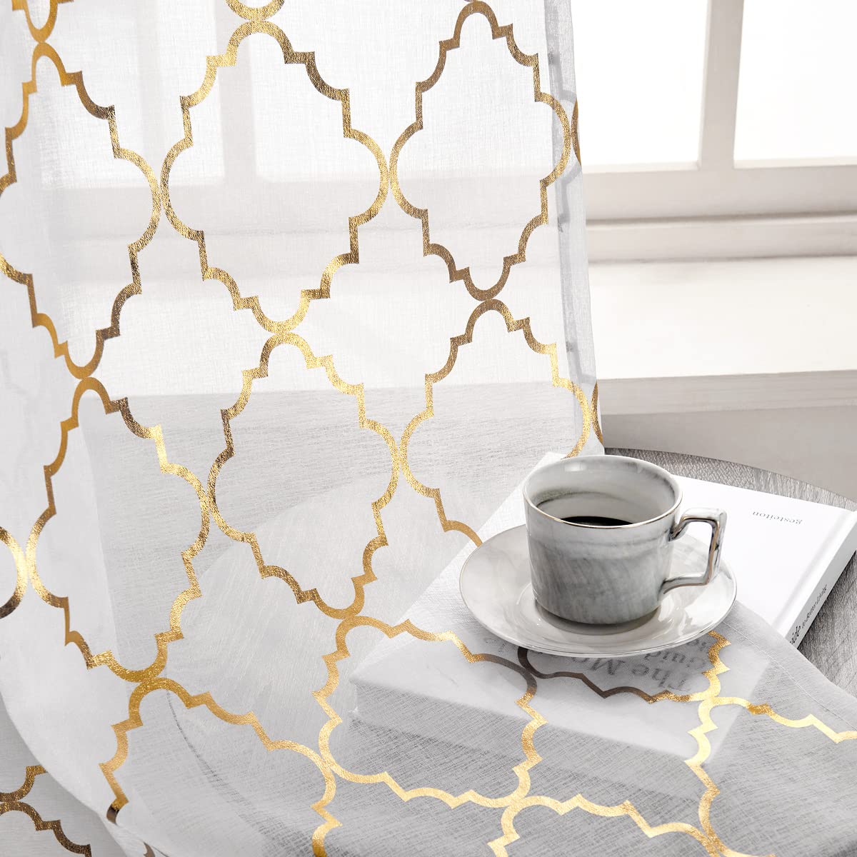 Kotile White And Gold Sheer Curtains 108 Inch Long - Metallic Gold Foil Geometric Moroccan Curtains For Living Room Rod Pocket G